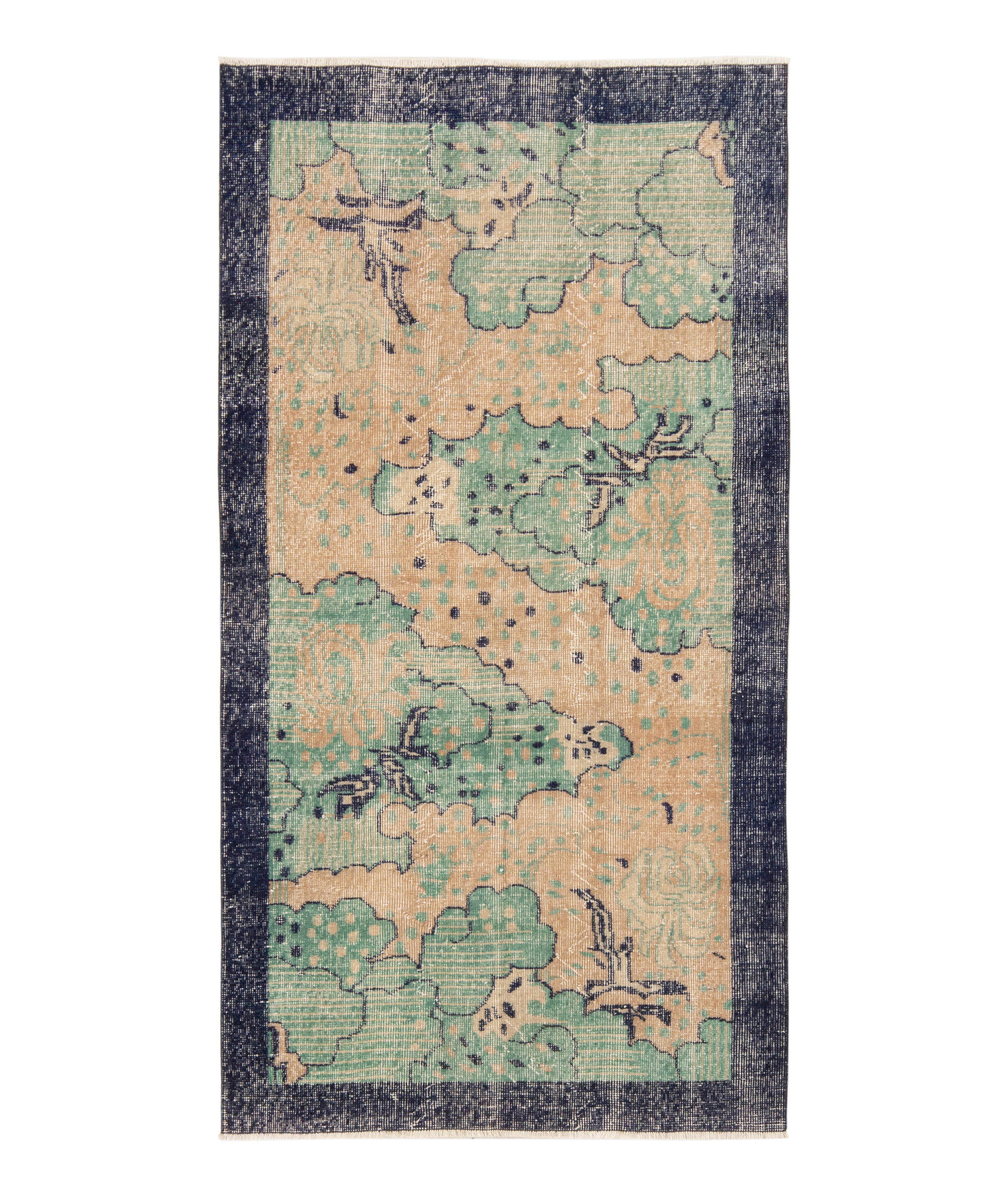 1960s Hand-Knotted Vintage Distressed Deco Rug