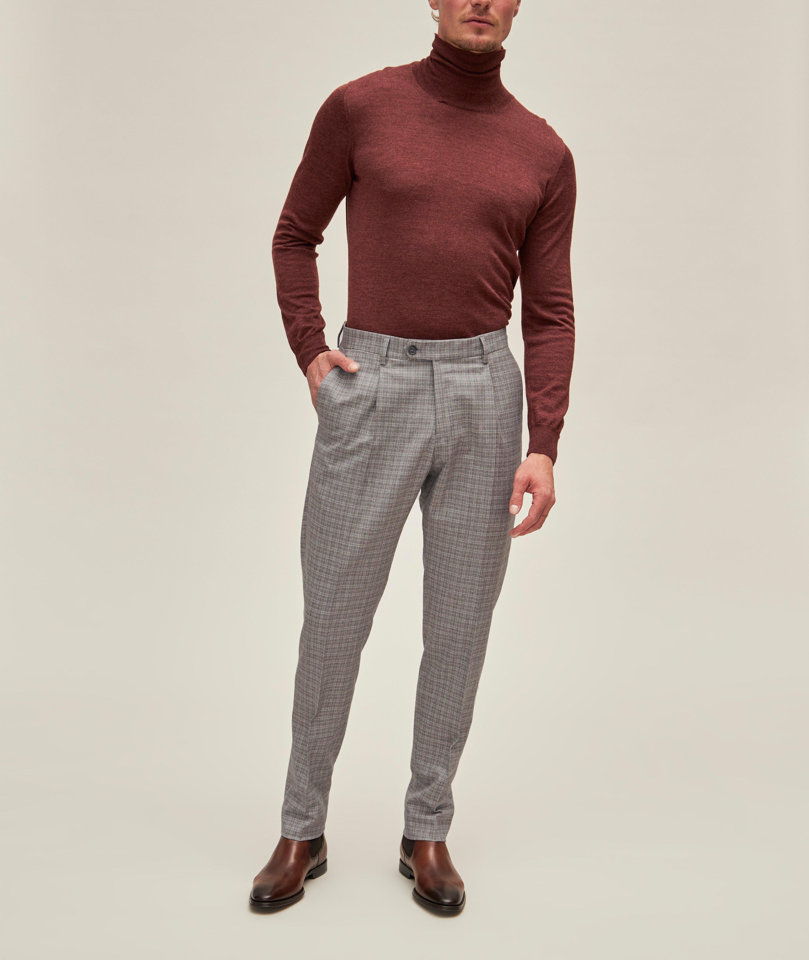 Pantalon habillé en laine à petit motif quadrillé et à plis image 1