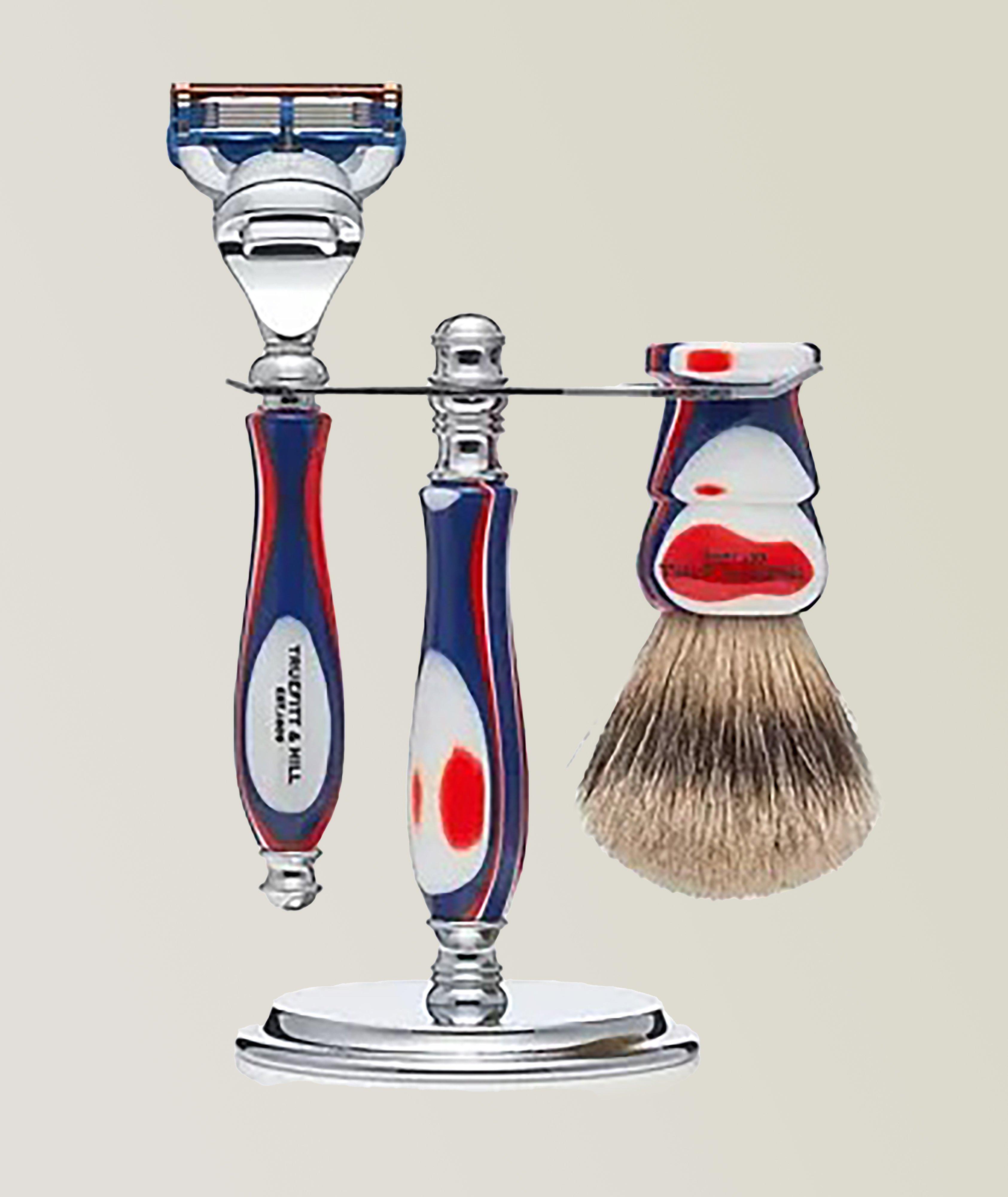 Jubilee Collection Festive(Red/White/Blue): Silvertip Badger Brush/Fusion Razor/Stand