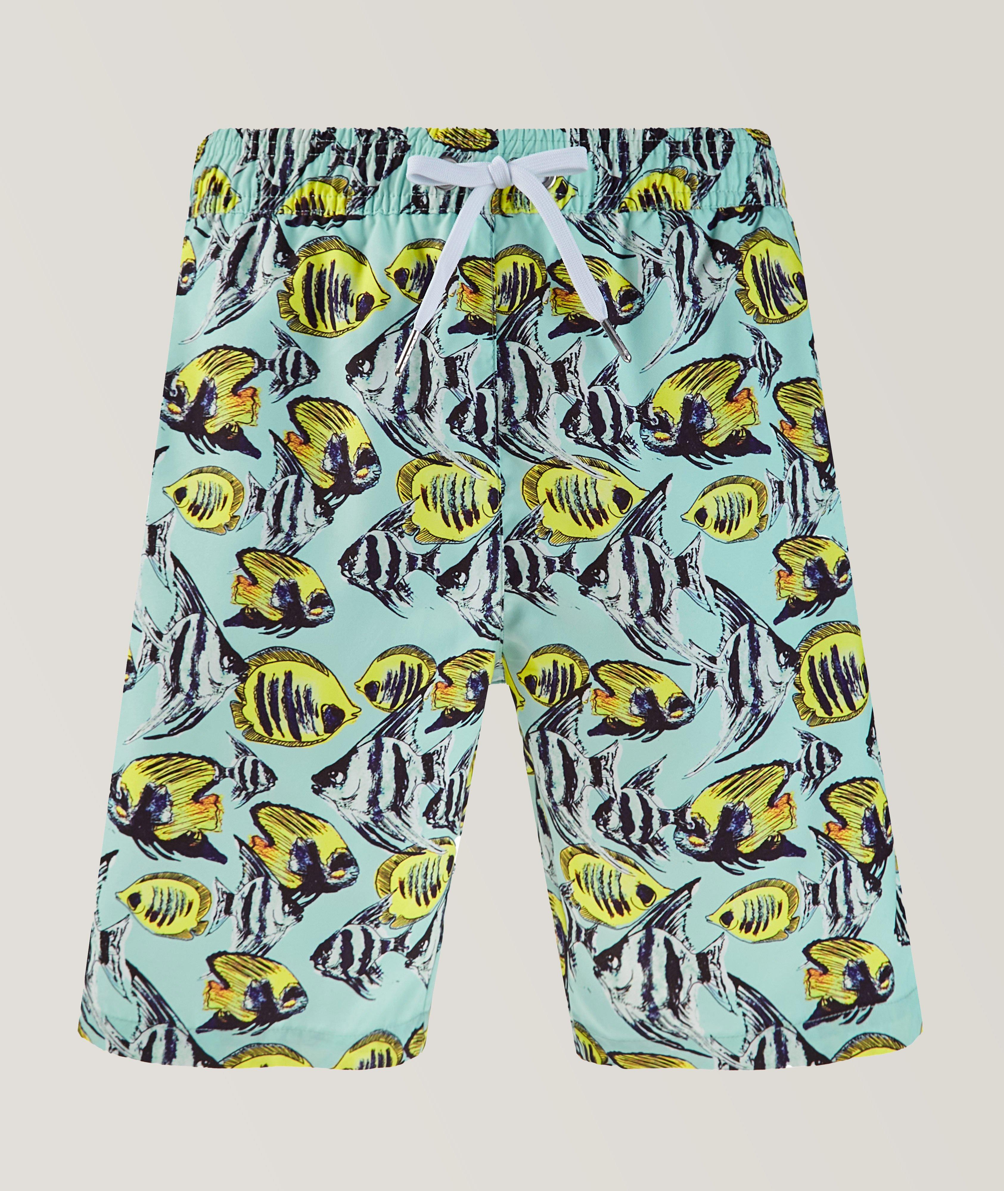 Benson Fish Print Swim Trunk In Blue , Men's Size Large