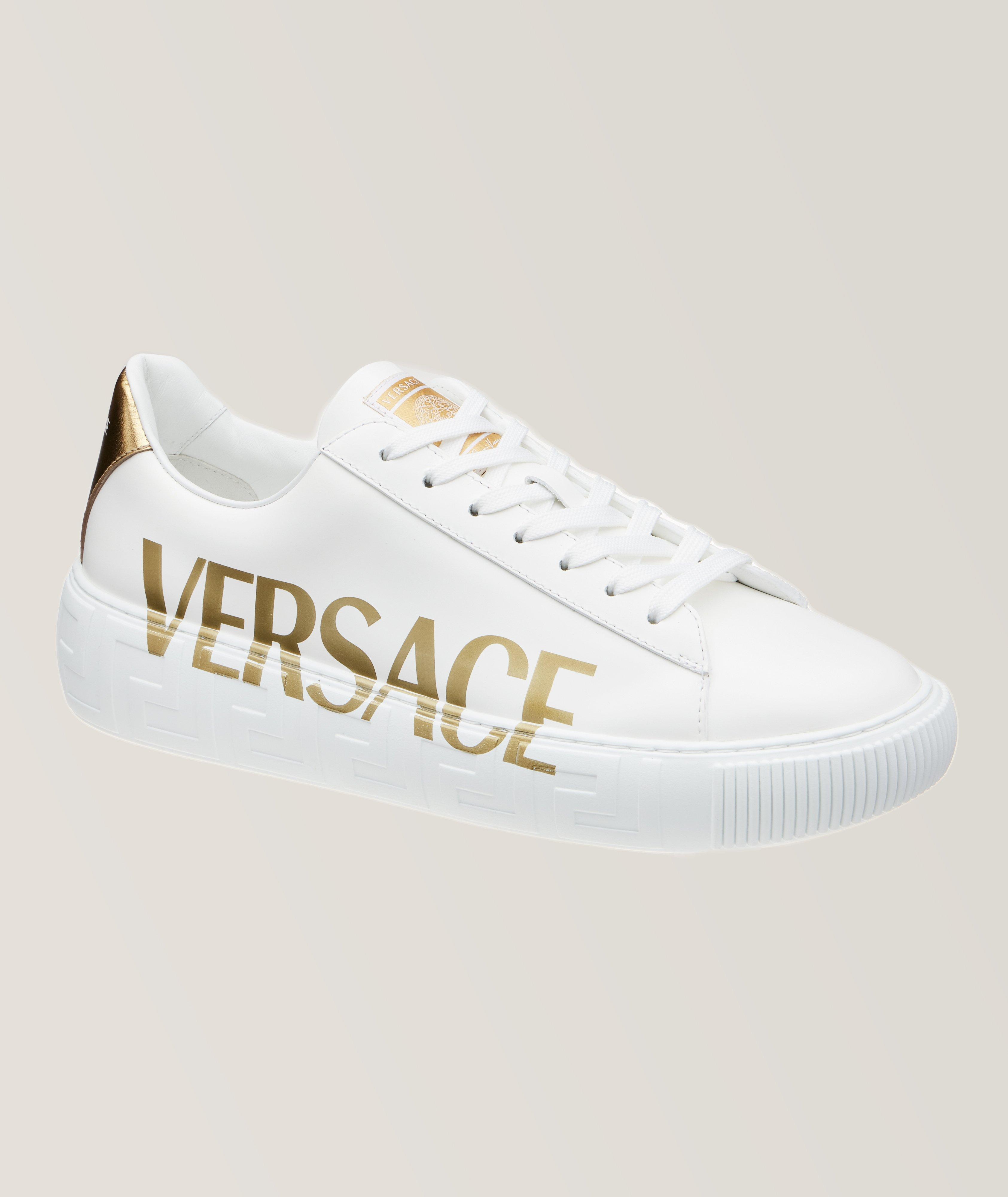 Versace Greca Pattern Leather Sneakers In White , Men's Size 39