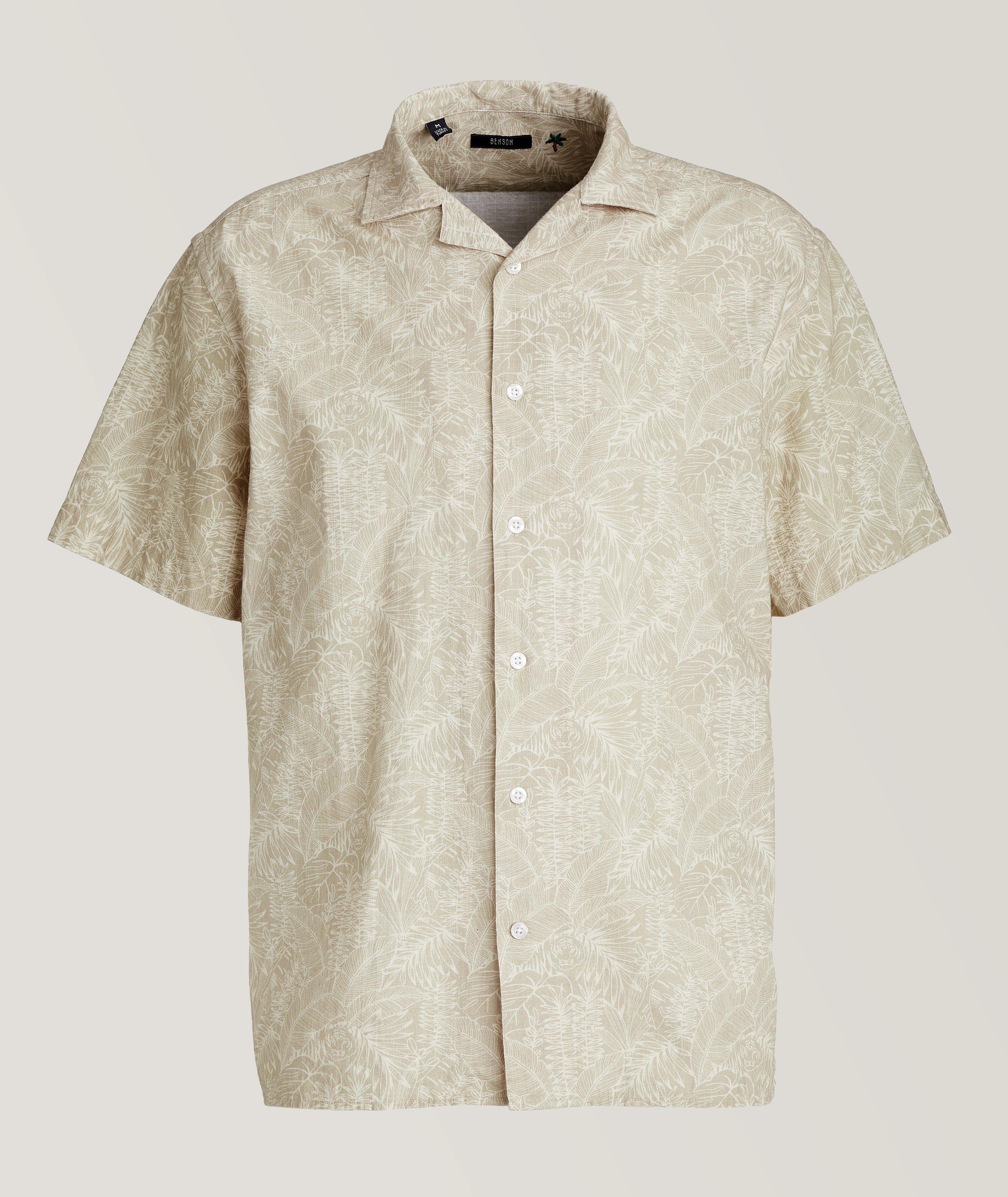 Benson Floral Leaf Linen Sport Shirt In Beige , Men's Size Medium Cotton