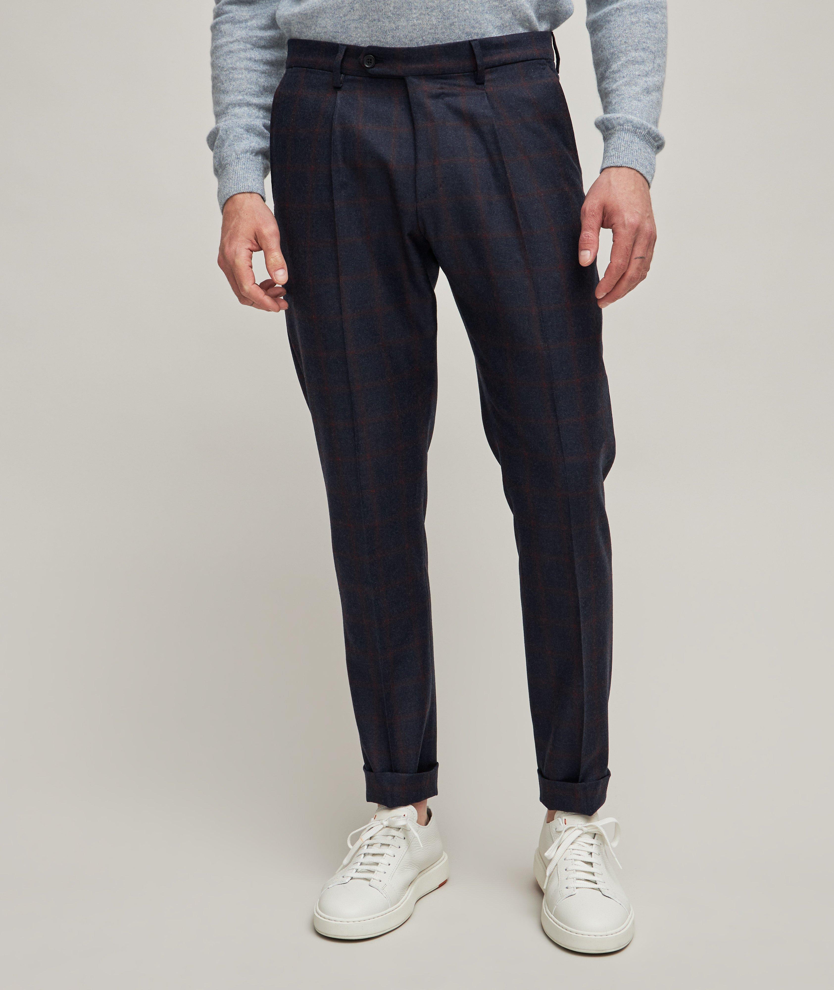 Windowpane Brushed Wool Pleated Dress Pants image 1