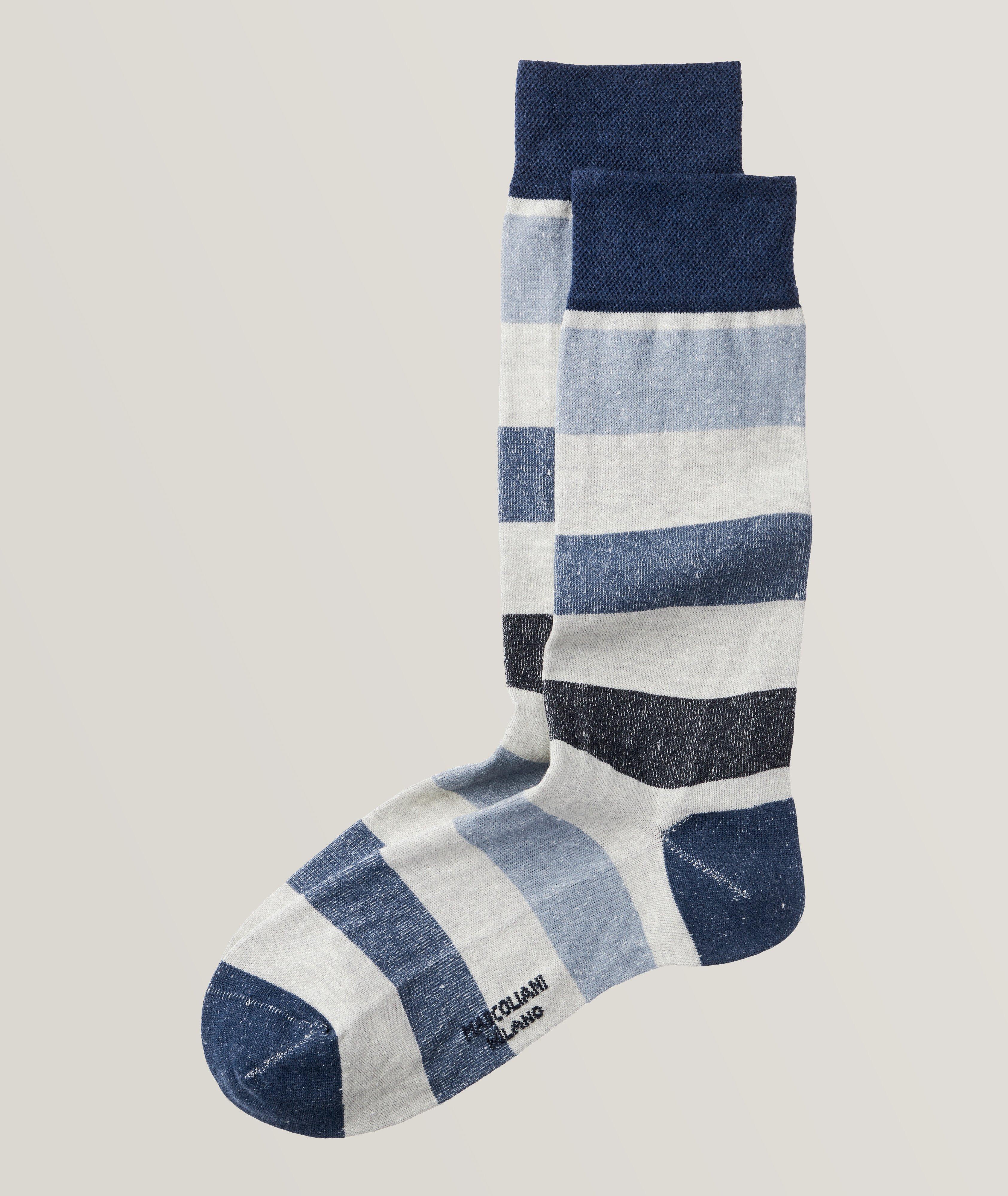 Linen-Cotton Striped Crew Socks
