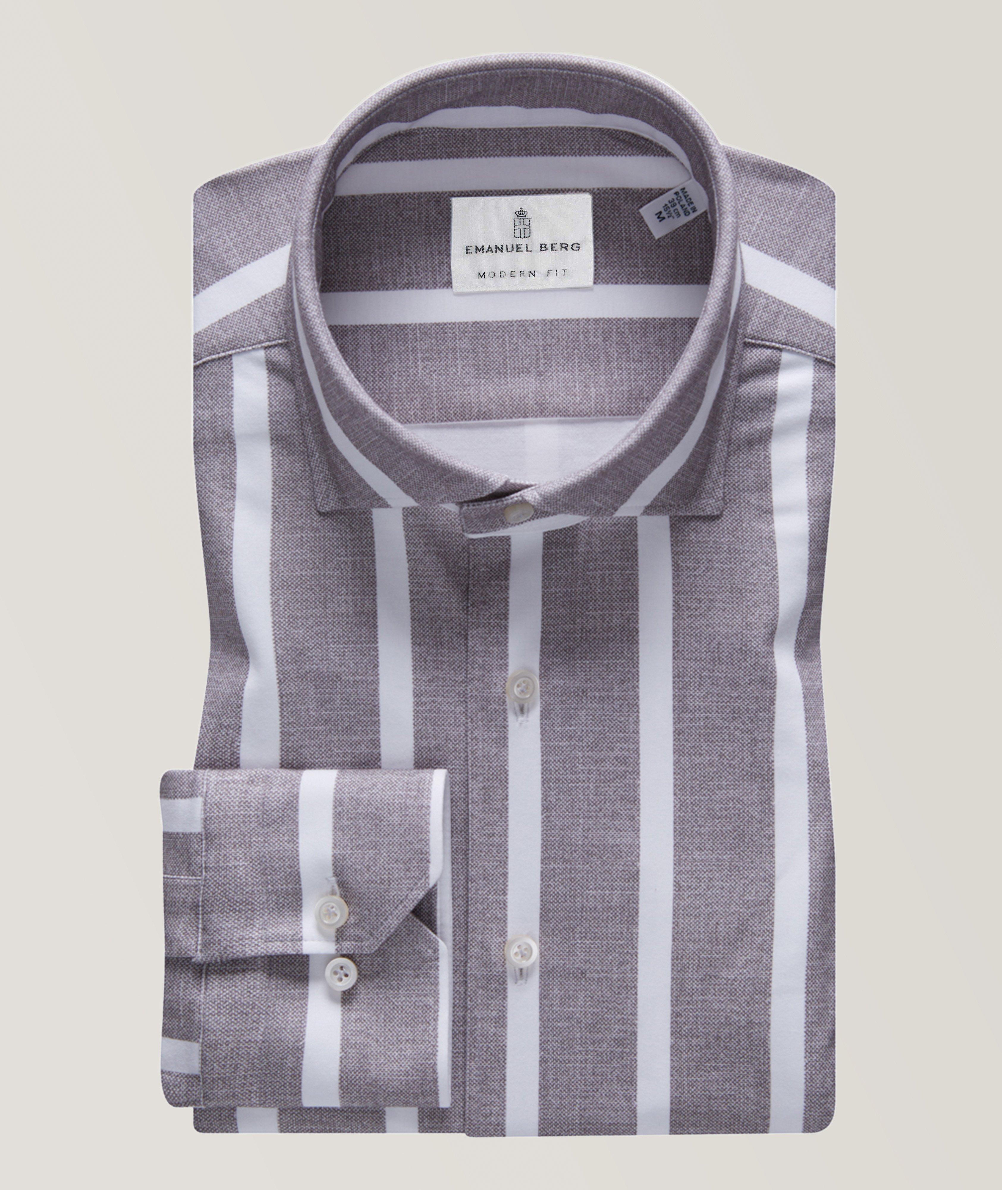 Emanuel Berg Striped Pattern Byron Modern 4-Flex Stretch-Cotton Knit Shirt In Grey , Men's Size 17.5