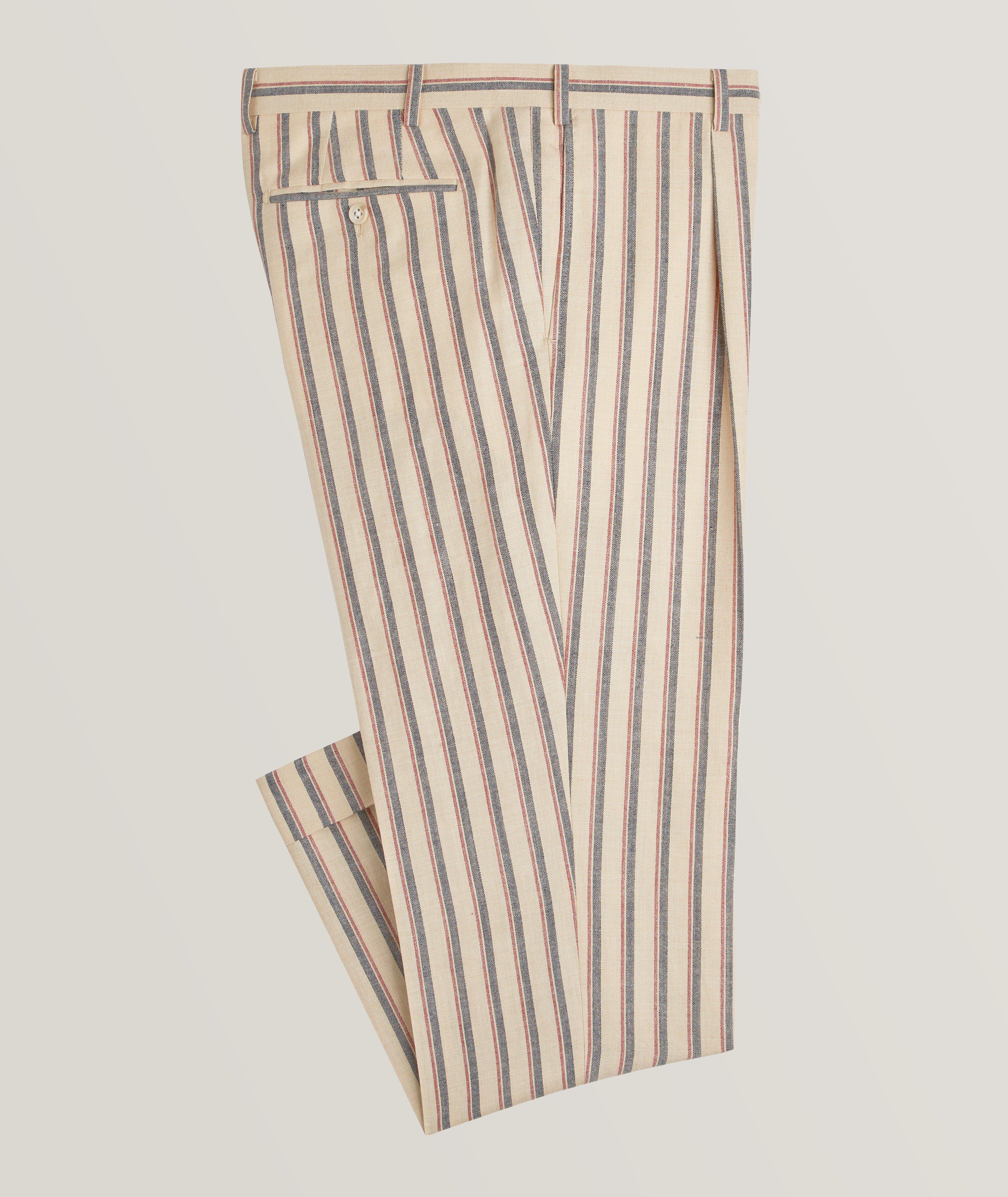 Striped Wool, Silk & Linen Pleated Pants image 0