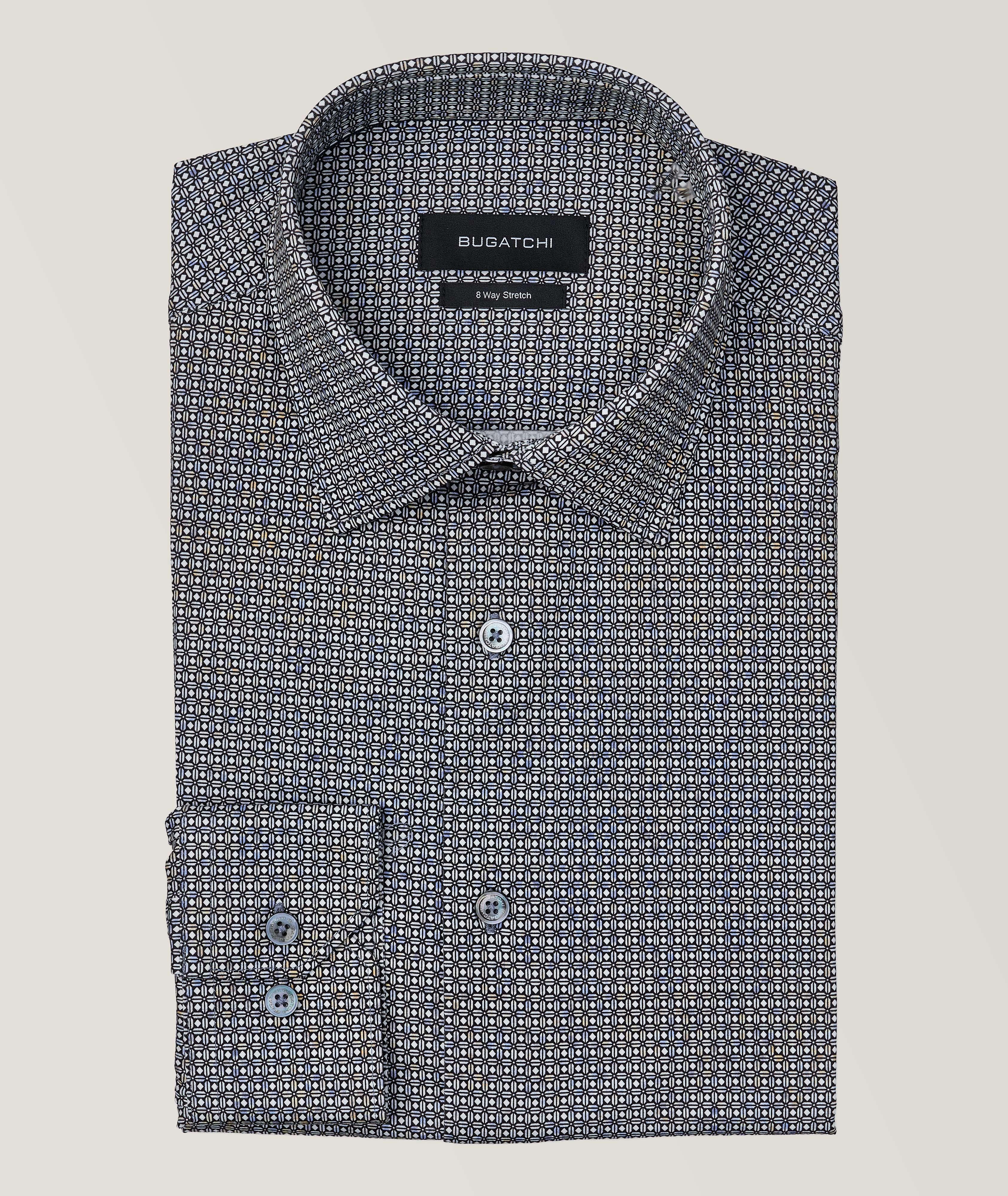 Bugatchi Geometric 8-Way Stretch-Cotton Sport Shirt In Grey , Men's Size Medium