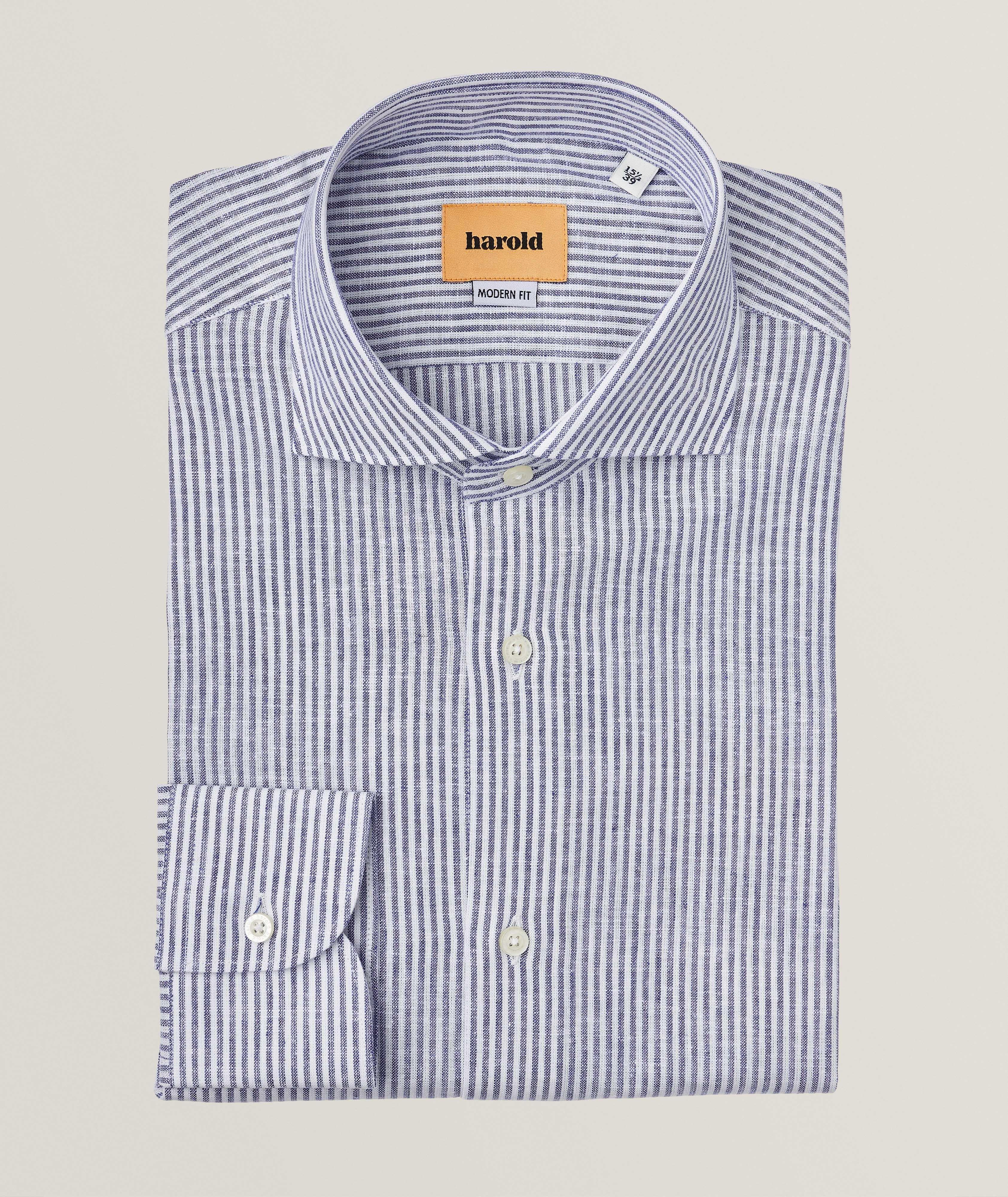 Harold Striped Linen-Cotton Dress Shirt In Blue , Men's Size 14.5