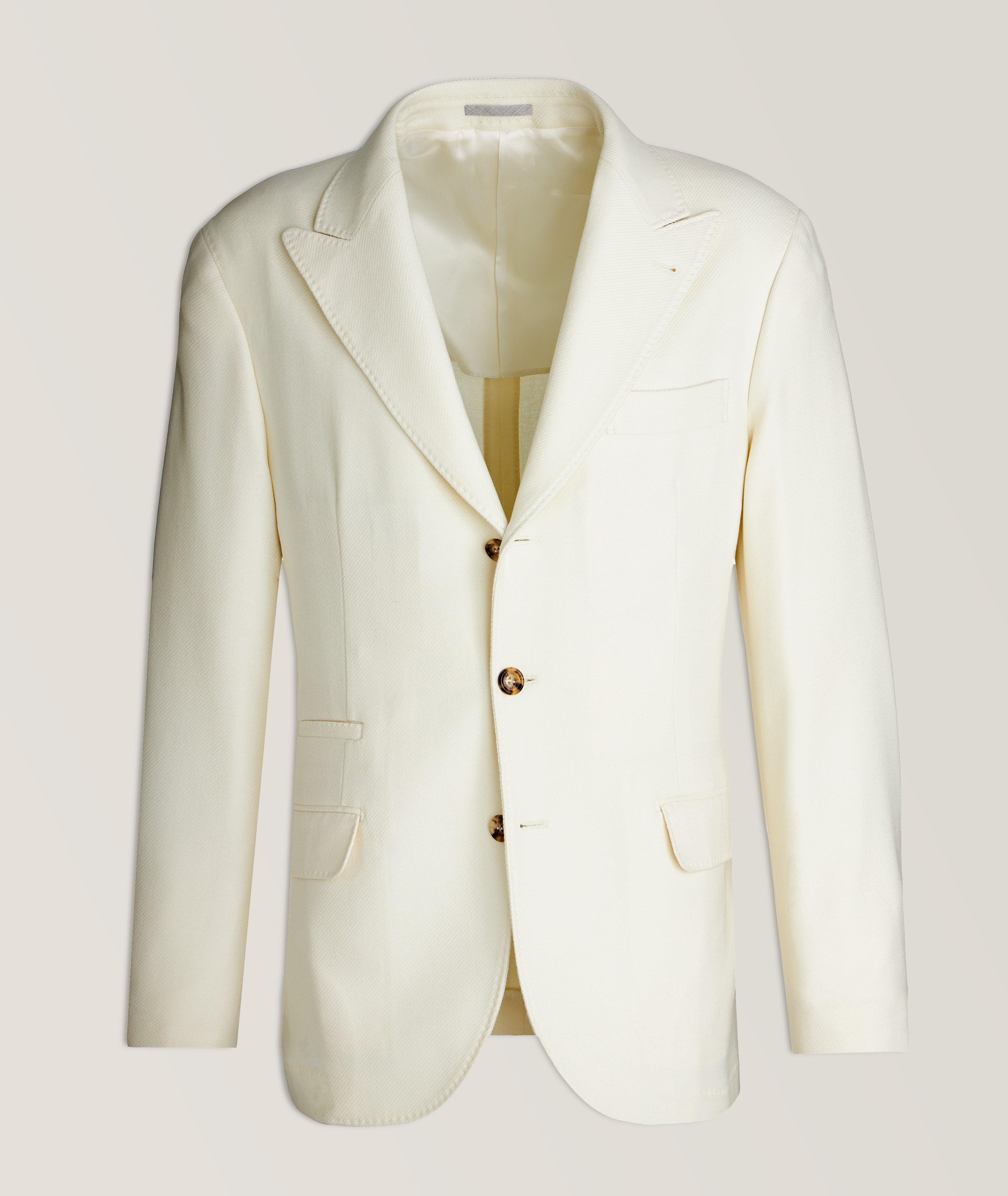 Brunello Cucinelli Diagonal Weaved Wool, Cashmere & Silk Sport Jacket In White , Men's Size 52