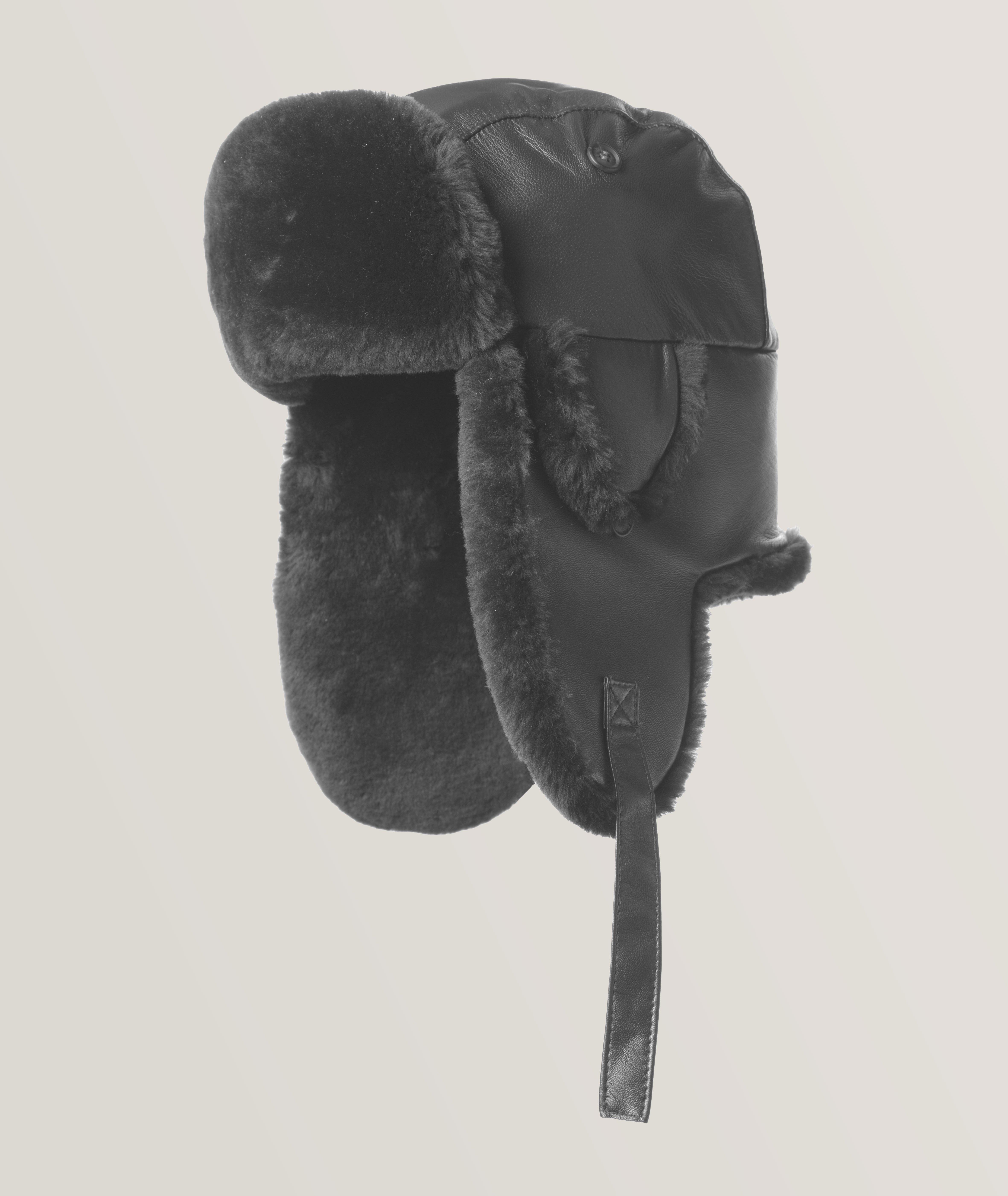 Leather Shearling Mouton Trim Aviator Hat