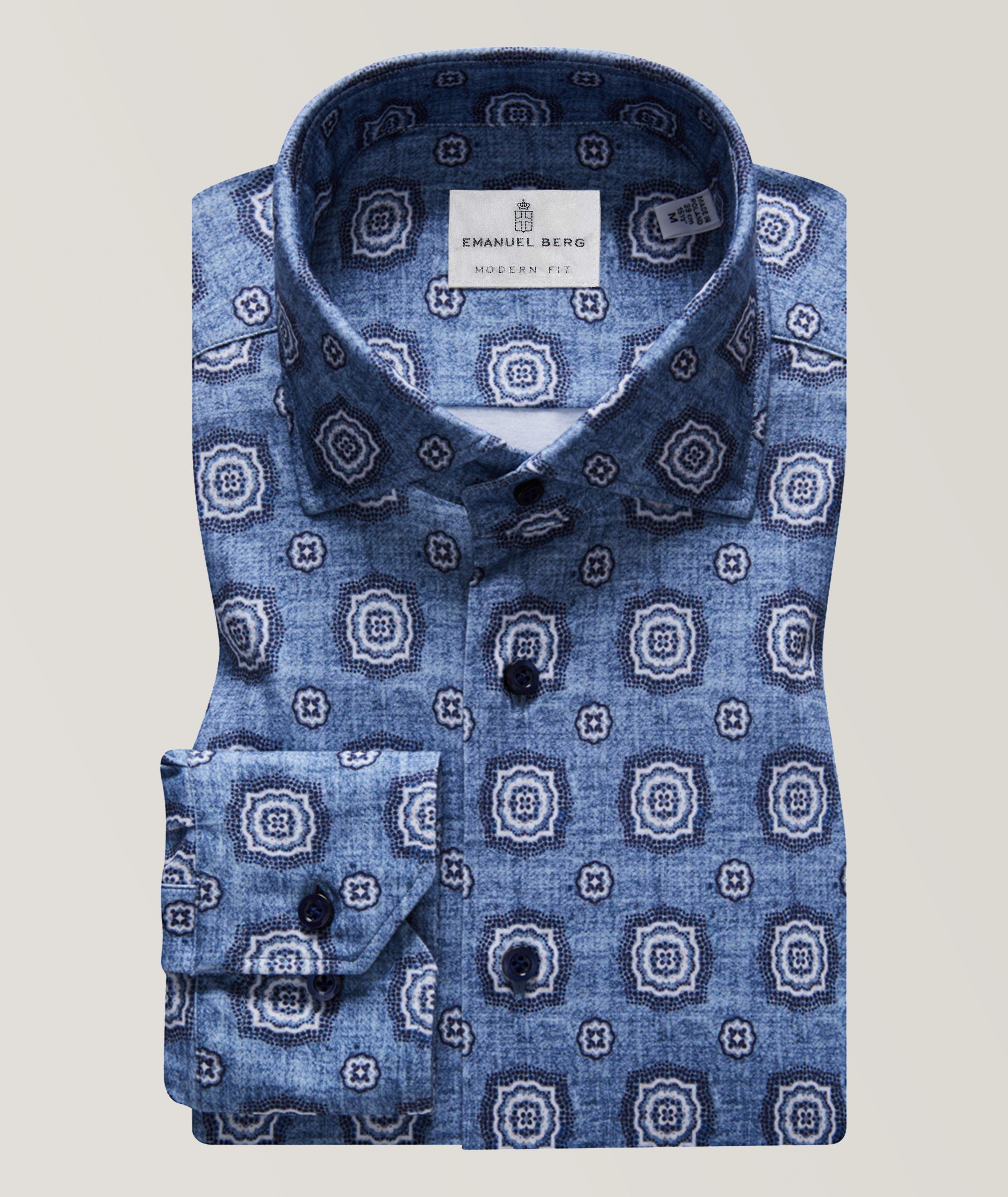 Emanuel Berg Medallion Modern 4-Flex Jersey Cotton Shirt In Blue , Men's Size 15