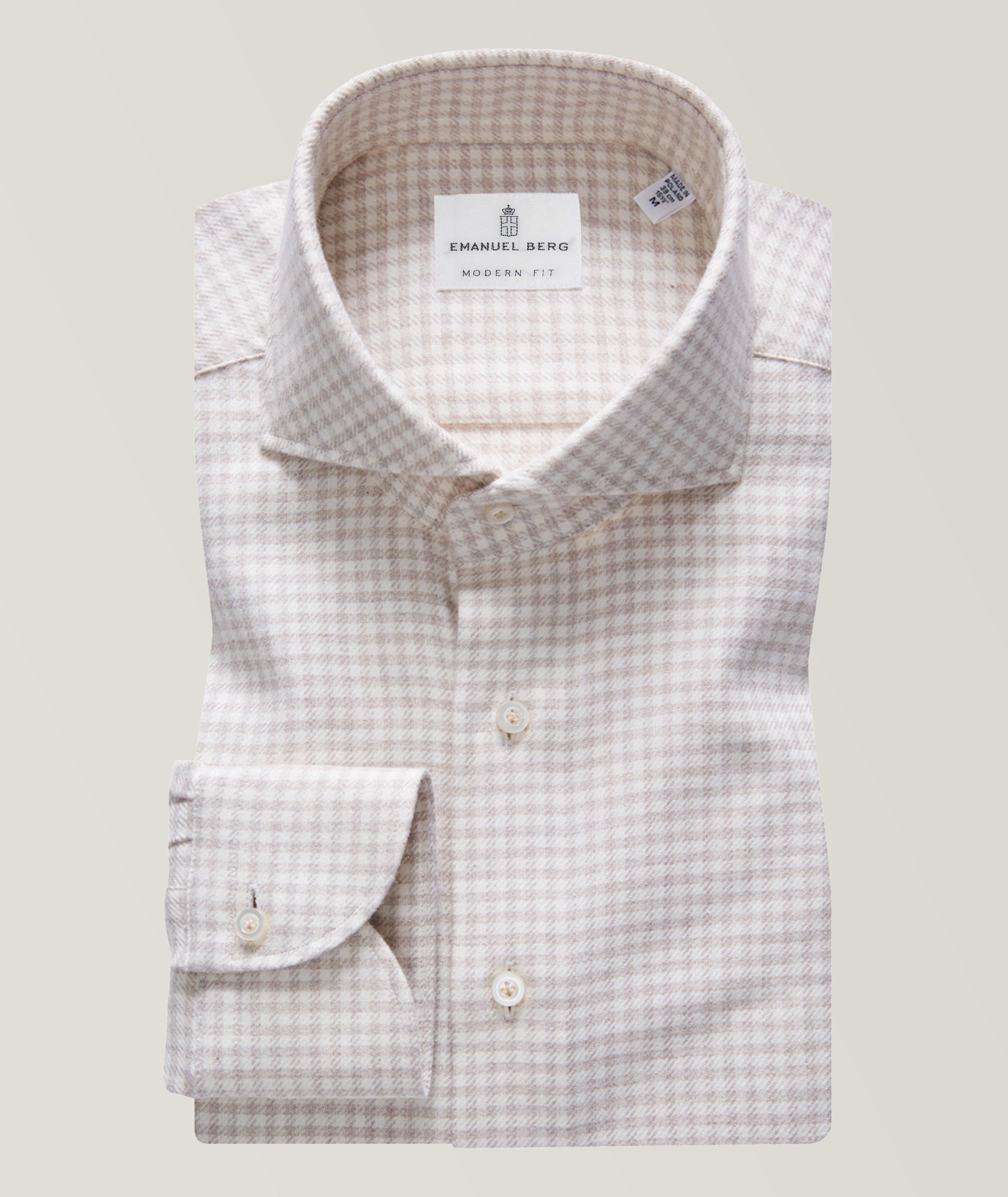 Emanuel Berg Gingham Brushed Flannel Twill Casual Shirt In Beige , Men's Size 16.5 Cotton