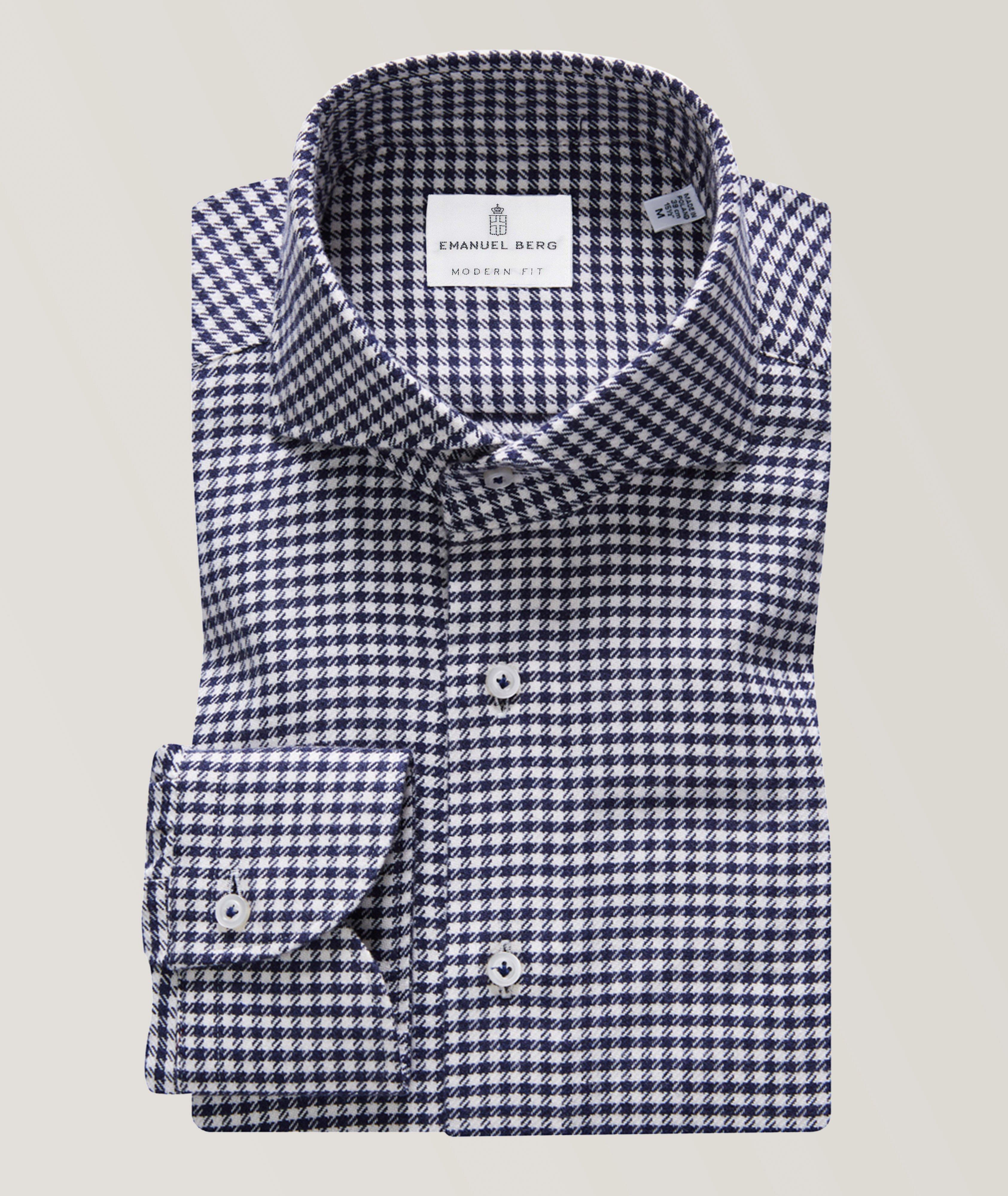 Emanuel Berg Harvard Gingham Brushed Flannel Sport Shirt In Blue , Men's Size 18 Cotton