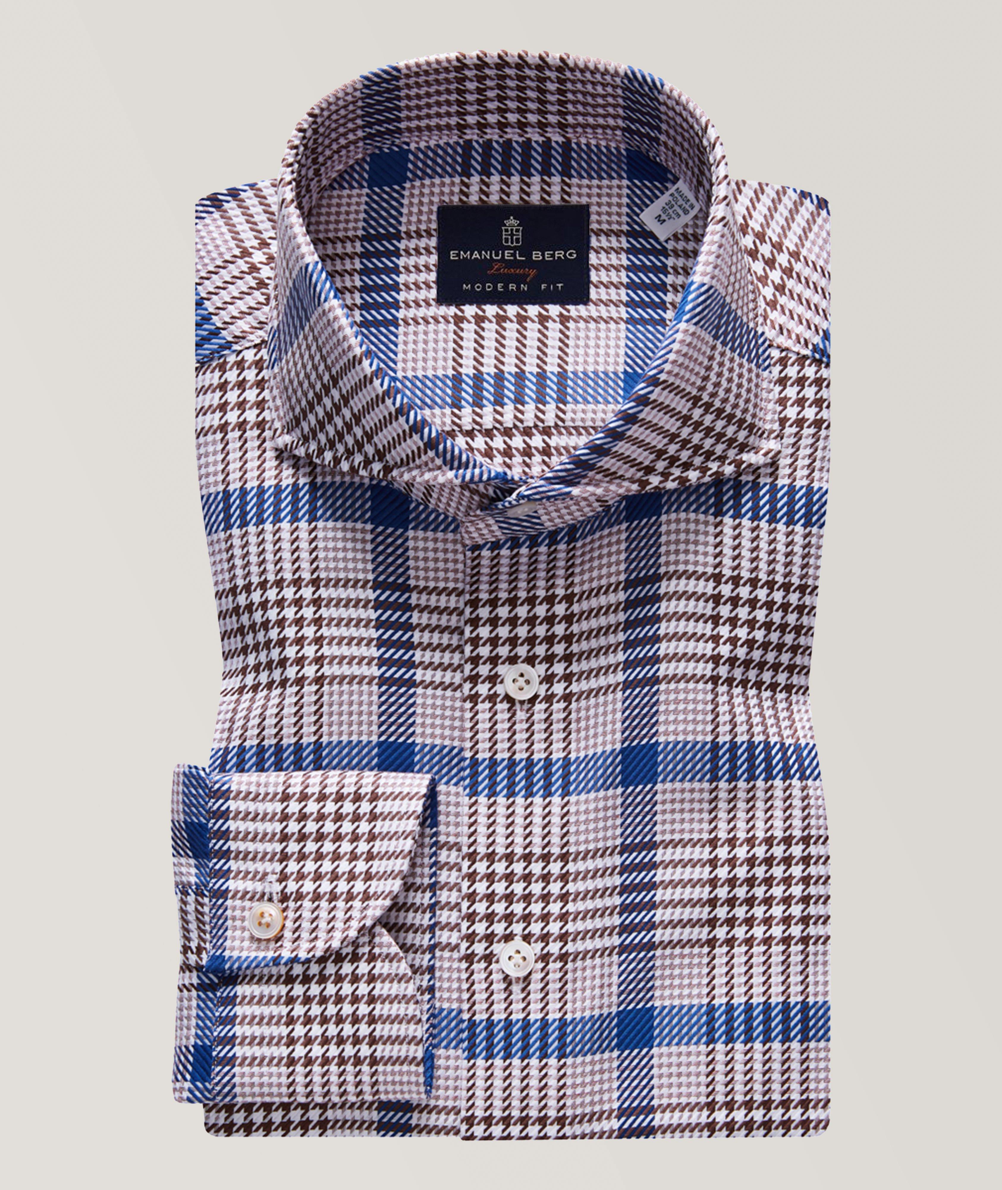 Emanuel Berg Luxury Premium Plaid Dobby Shirt In Blue , Men's Size 16.5 Cotton