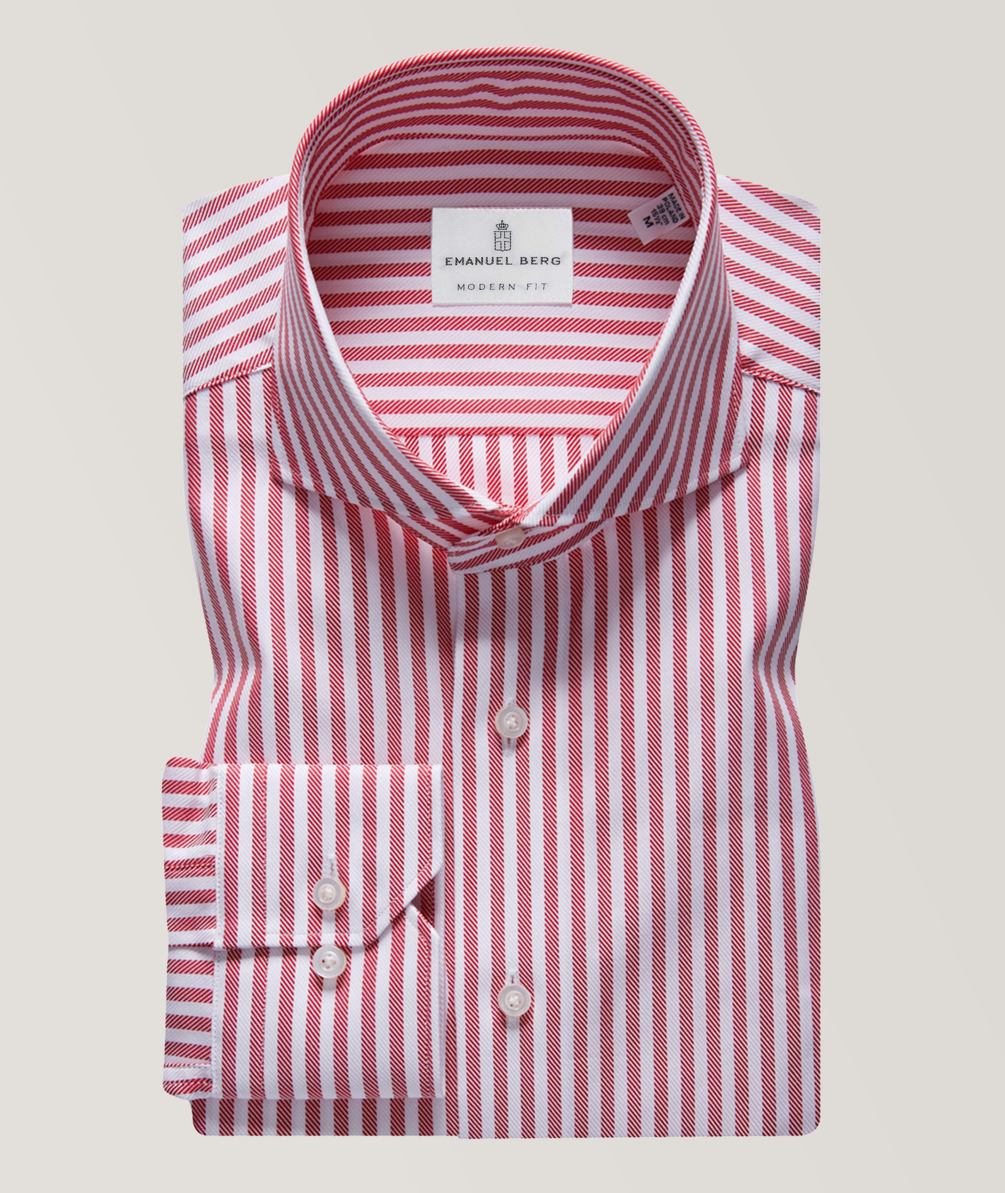 Emanuel Berg Luxury Striped Twill Dress Shirt In Red , Men's Size 17 Cotton