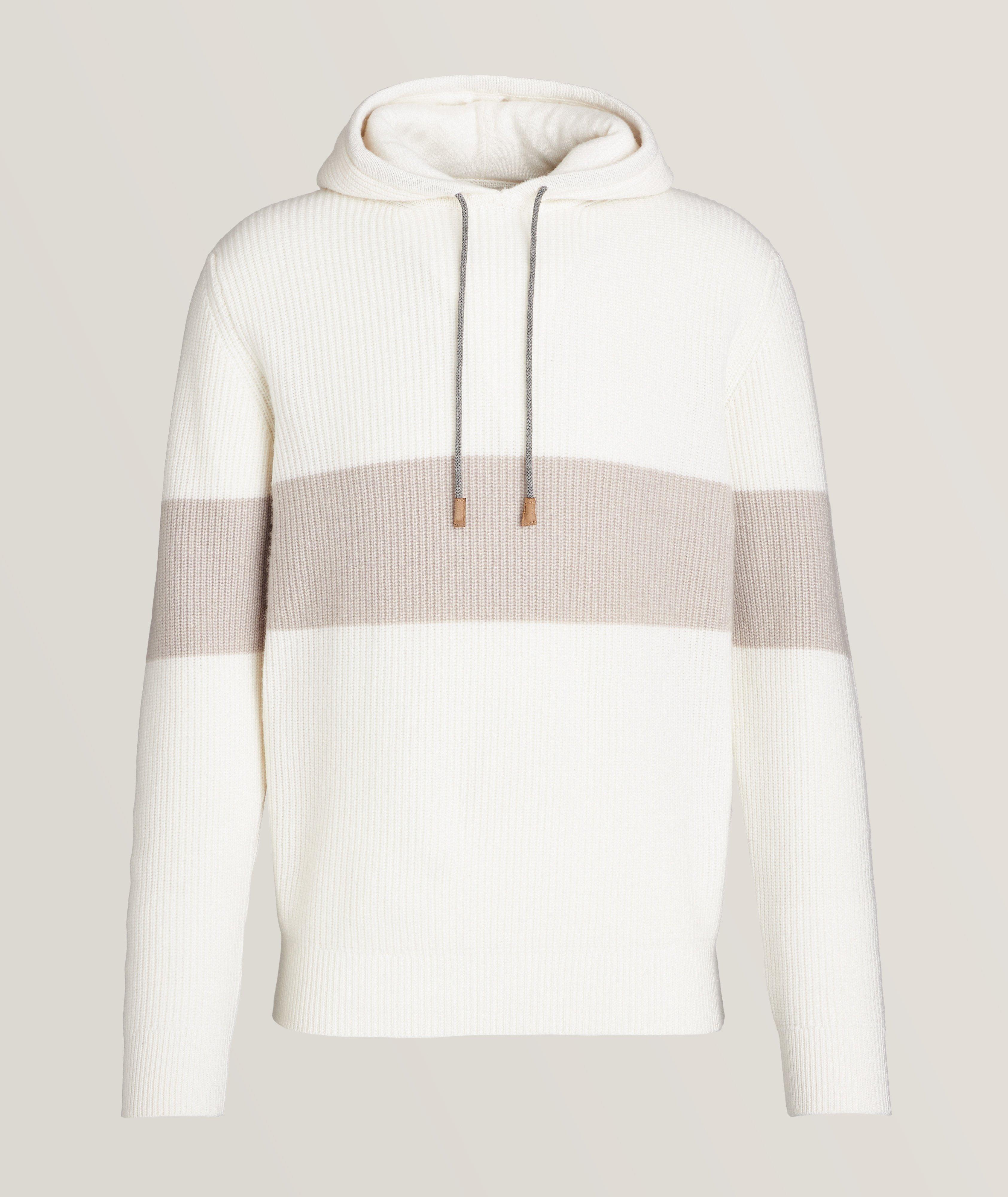 Contrast Stripe Ribbed Cashmere Hoodie