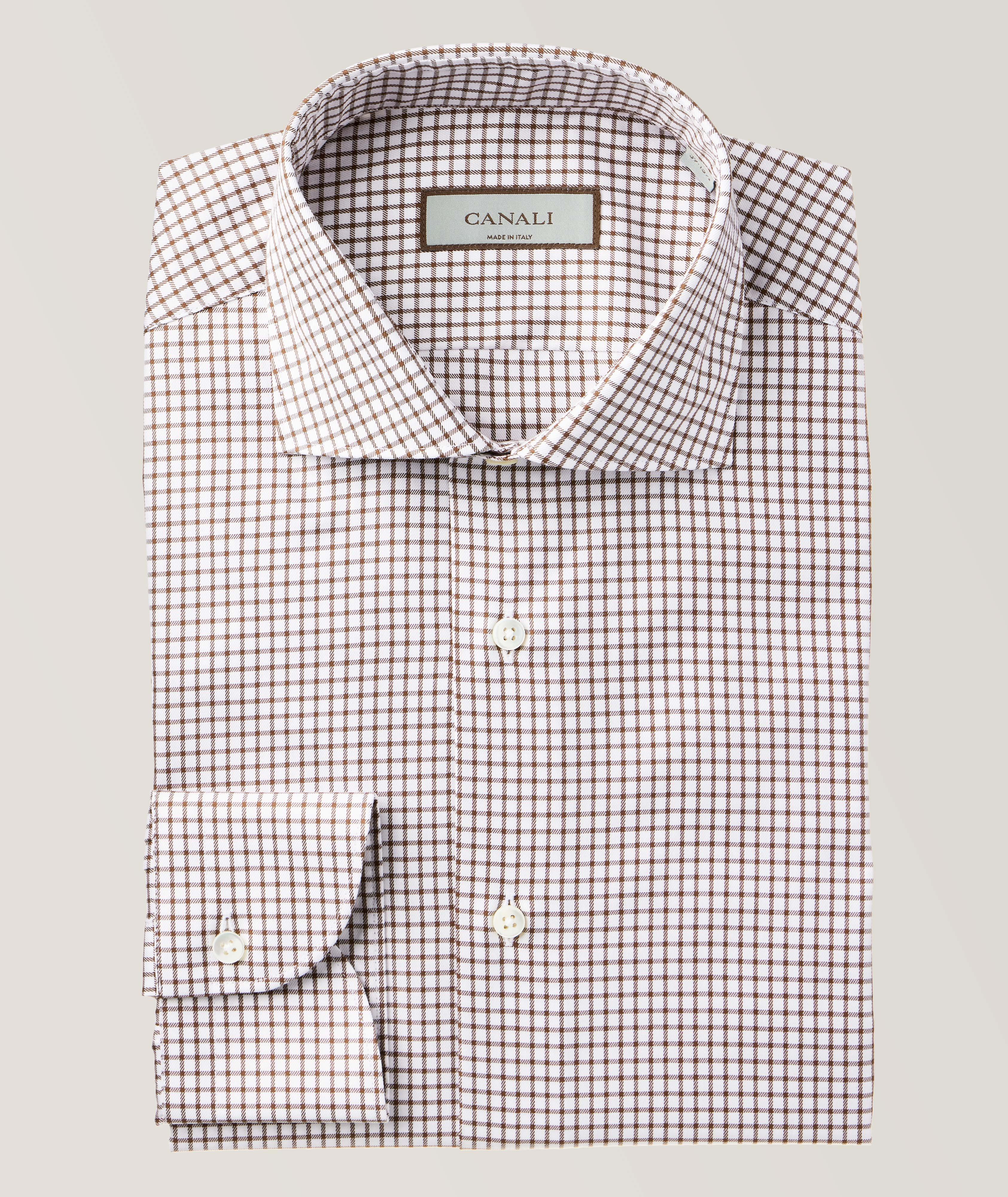 Canali Slim-Fit Micro-Check Dress Shirt In Brown , Men's Size 18.5 Cotton