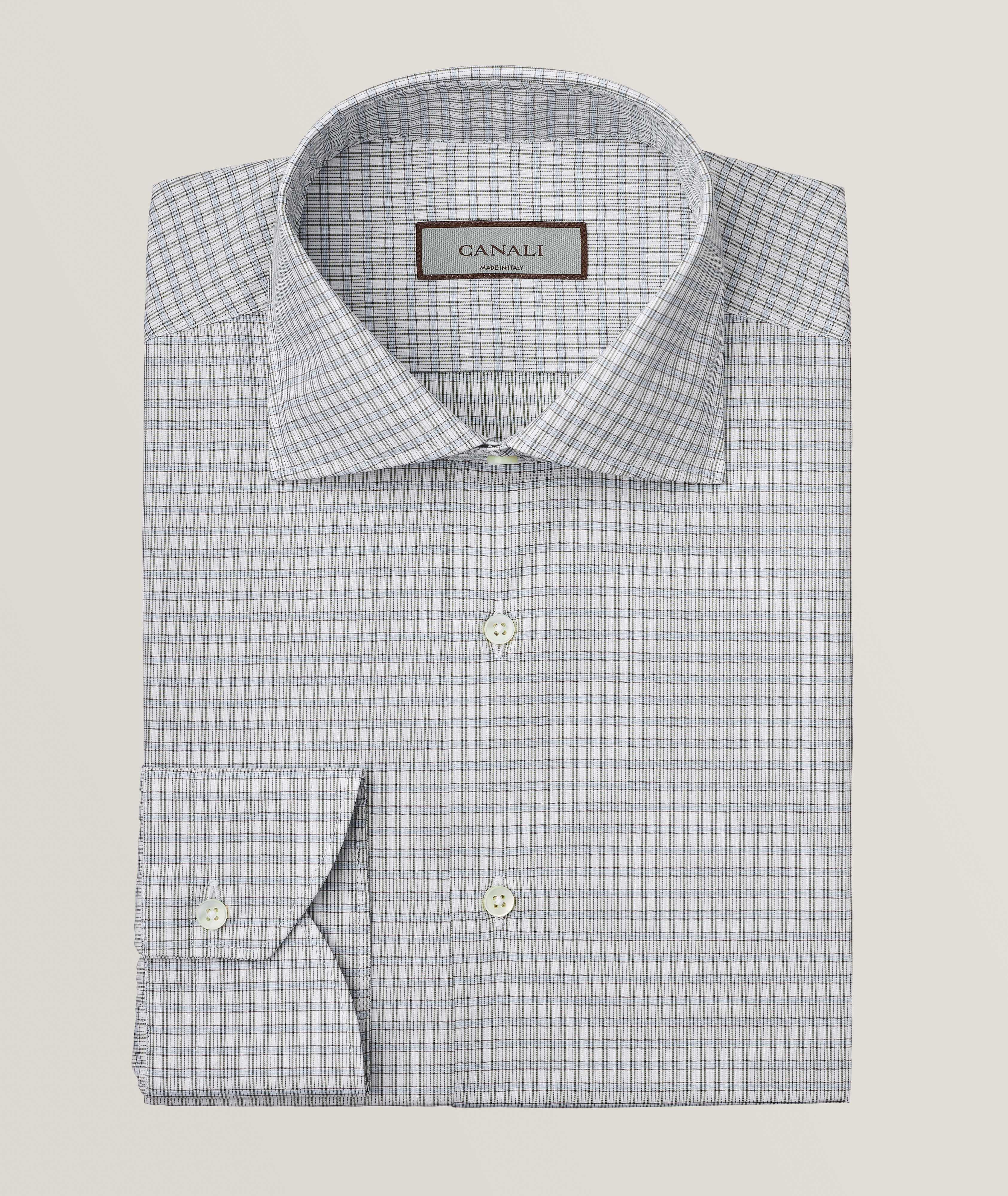 Canali Regular-Fit Miniature Checkered Dress Shirt In Blue , Men's Size 16 Cotton