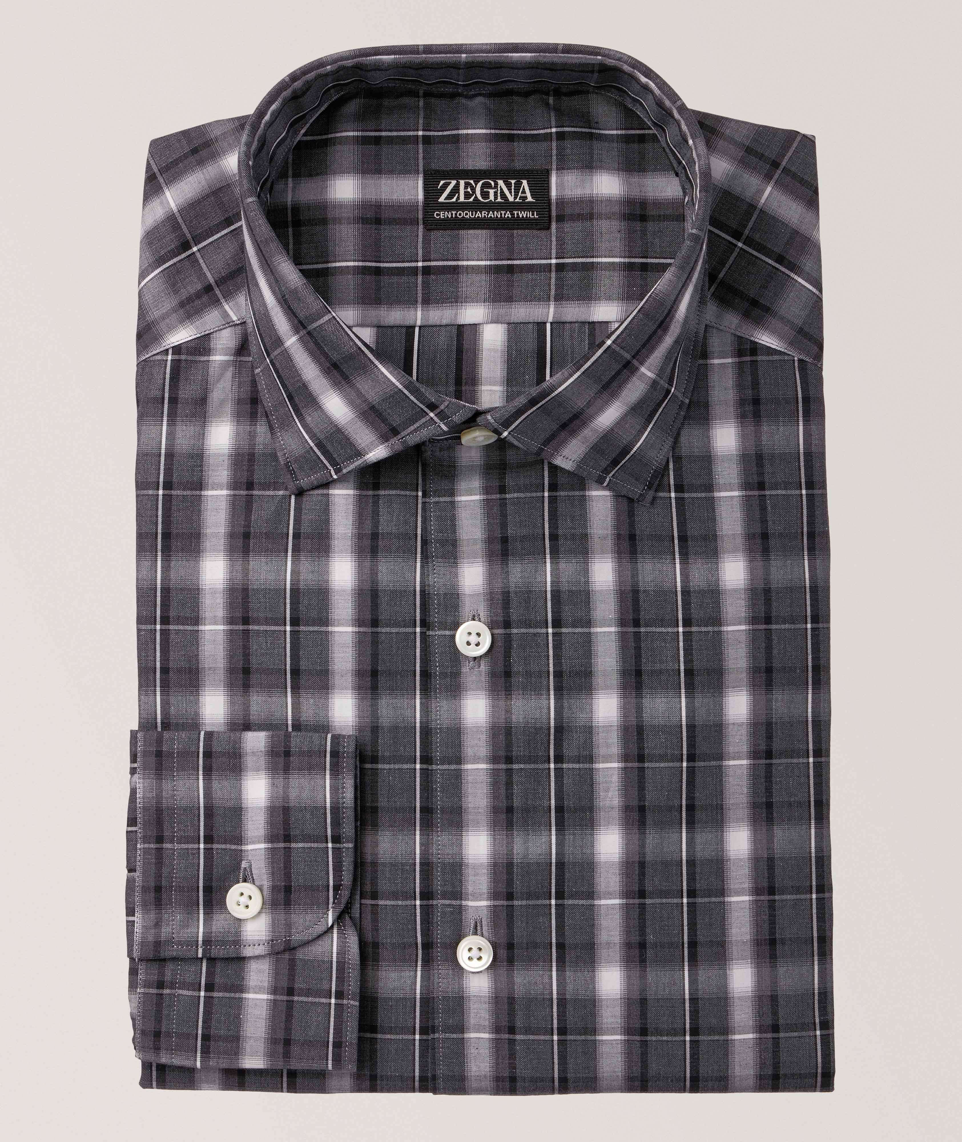 Zegna Plaid Centoquaranta Twill Sport Shirt In Grey , Men's Size XS Cotton