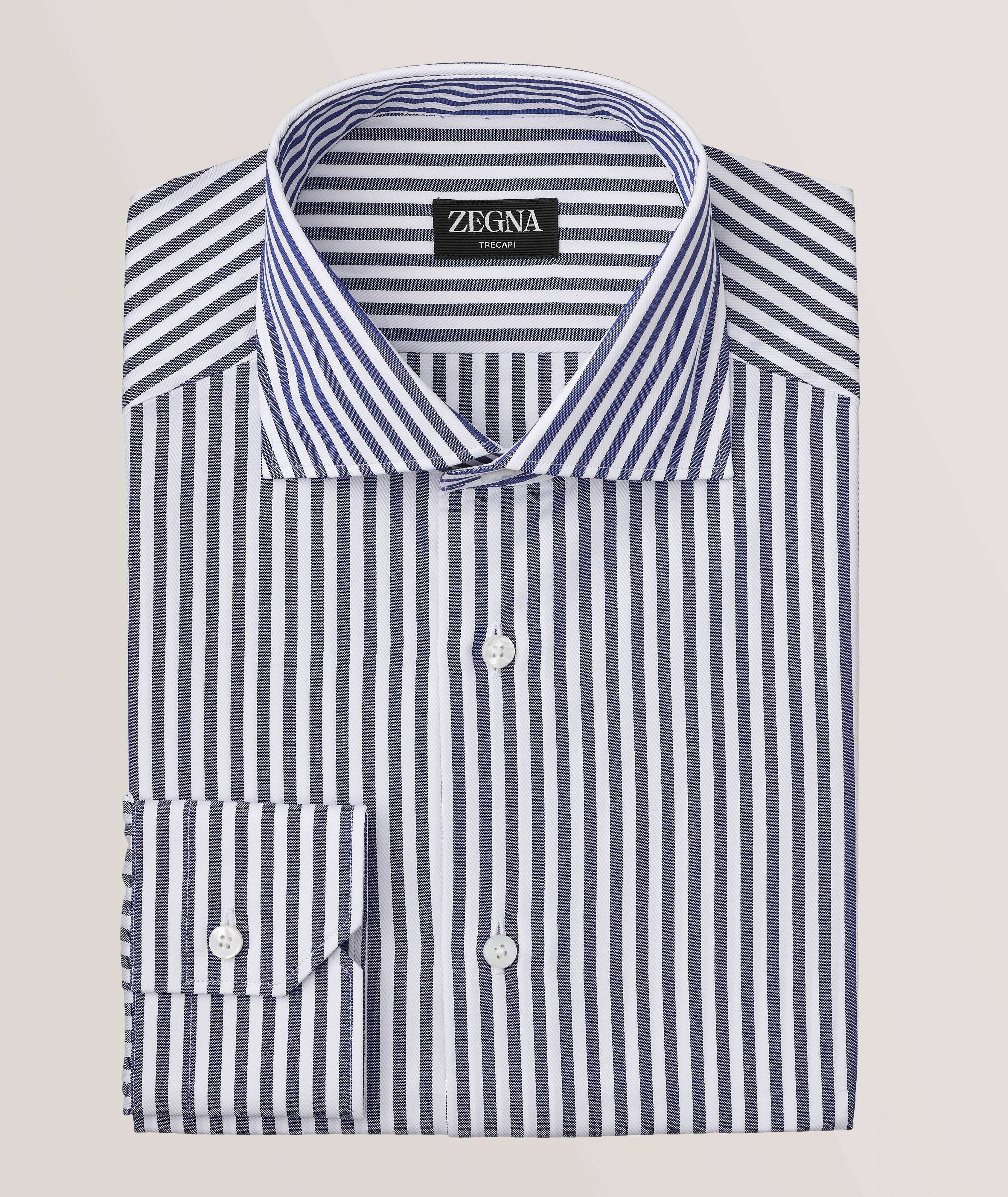 Zegna Sartorial Striped Trecapi Cotton Dress Shirt In Blue , Men's Size 16