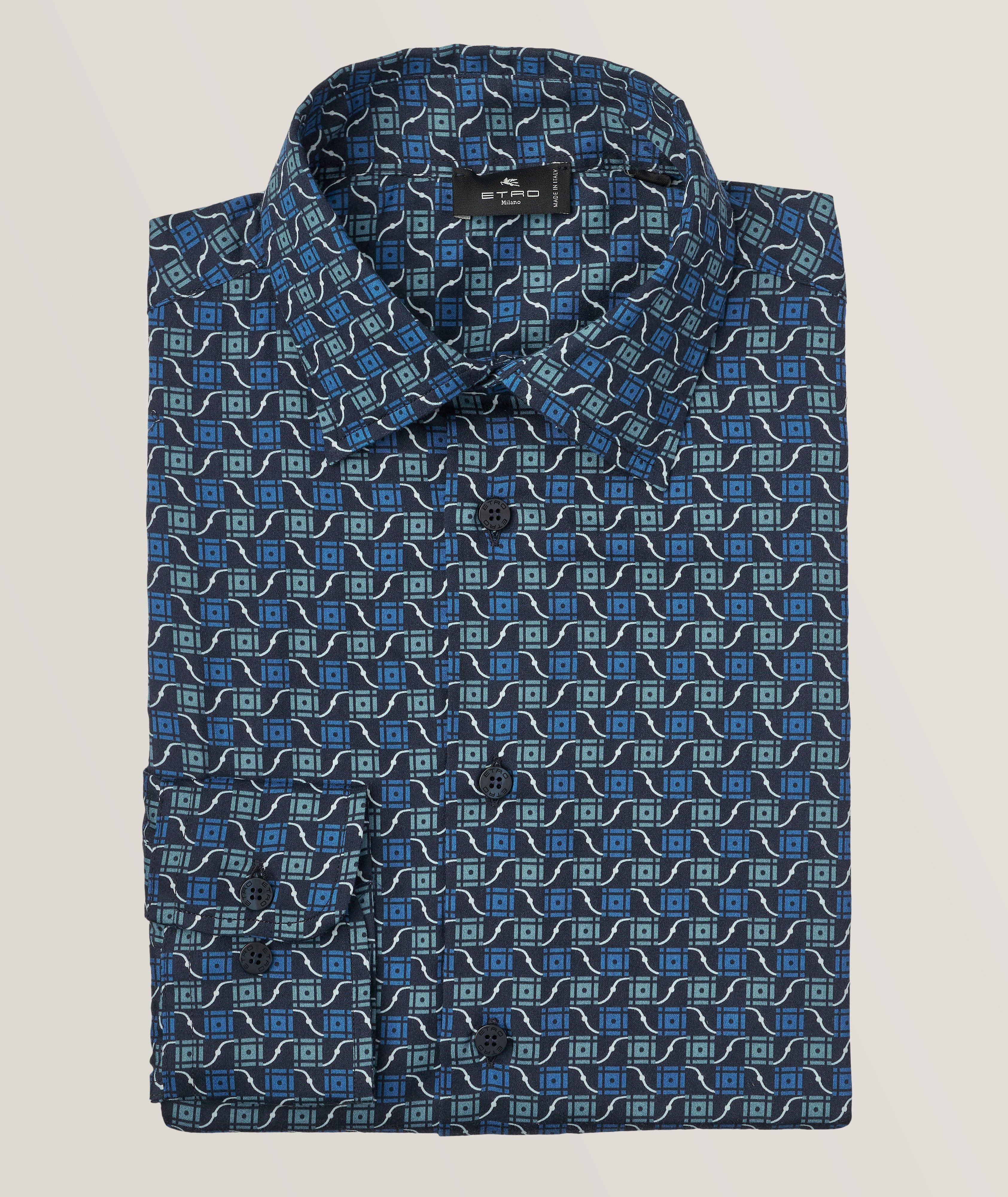 Etro Geometric Cotton Sport Shirt In Blue , Men's Size 16.5