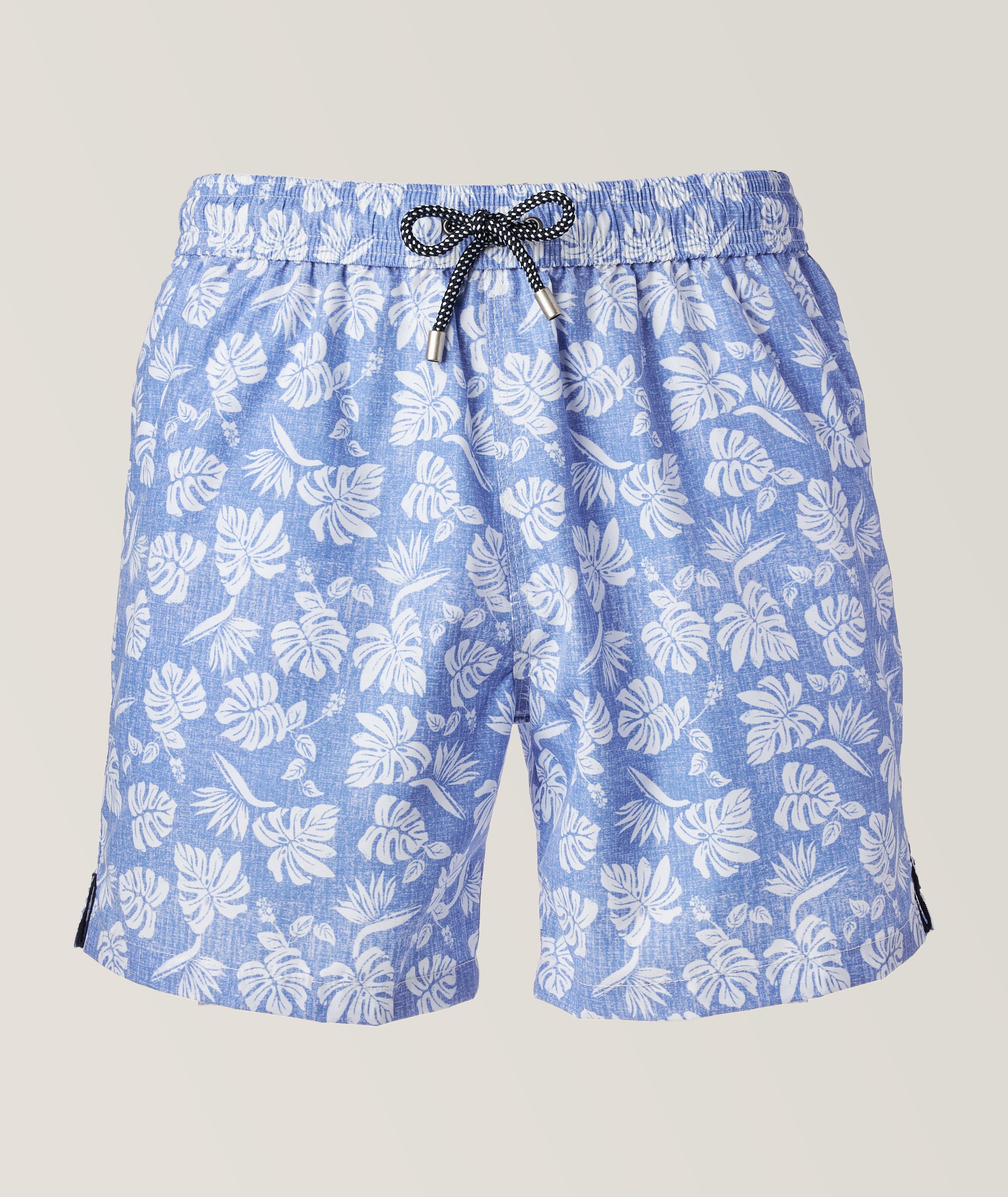 Patrick Assaraf Botanical Leaves Polyamide Swim Shorts In Blue , Men's Size Small Cotton