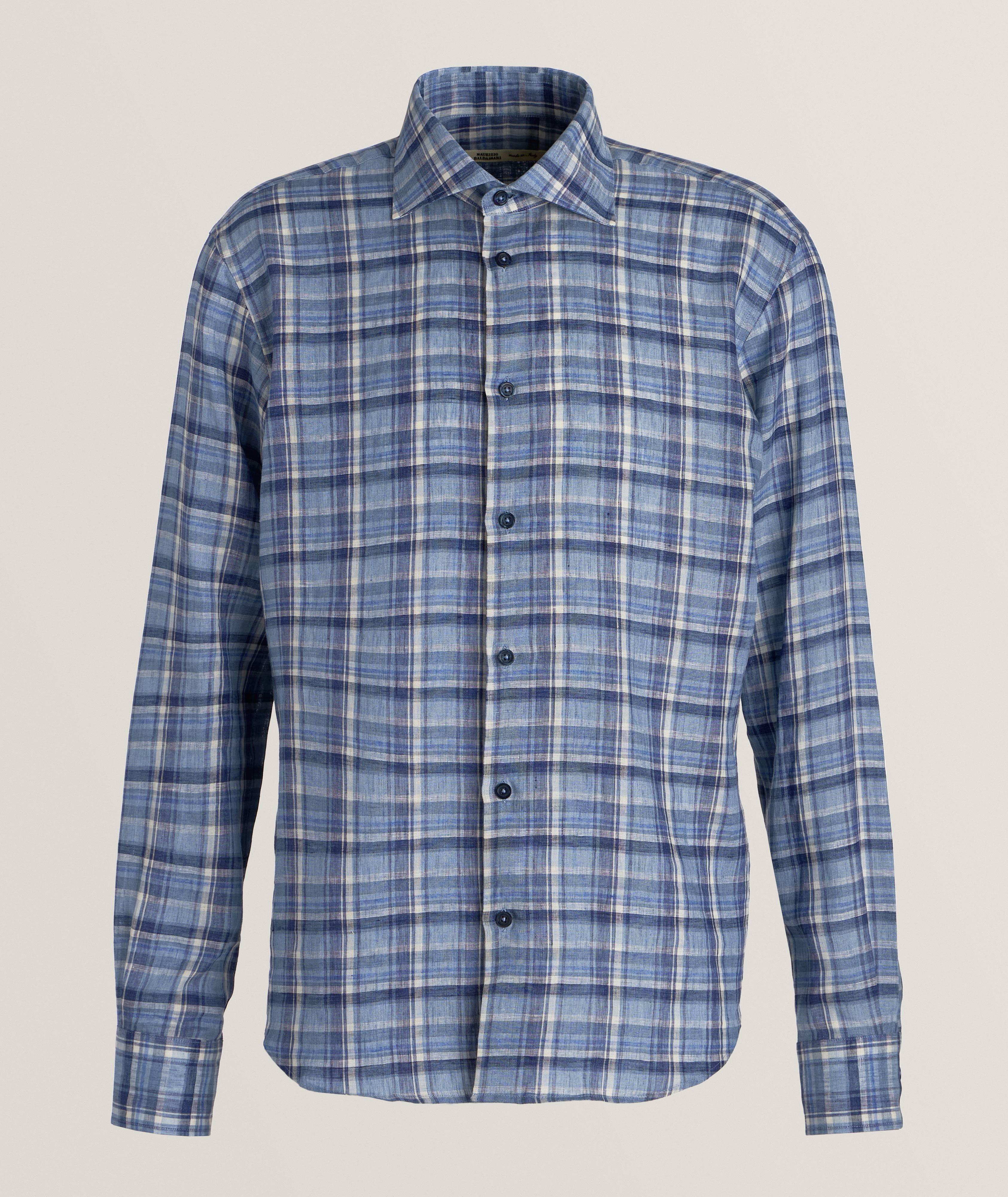 Maurizio Baldassari Brera Plaid Linen Sport Shirt In Blue , Men's Size Large