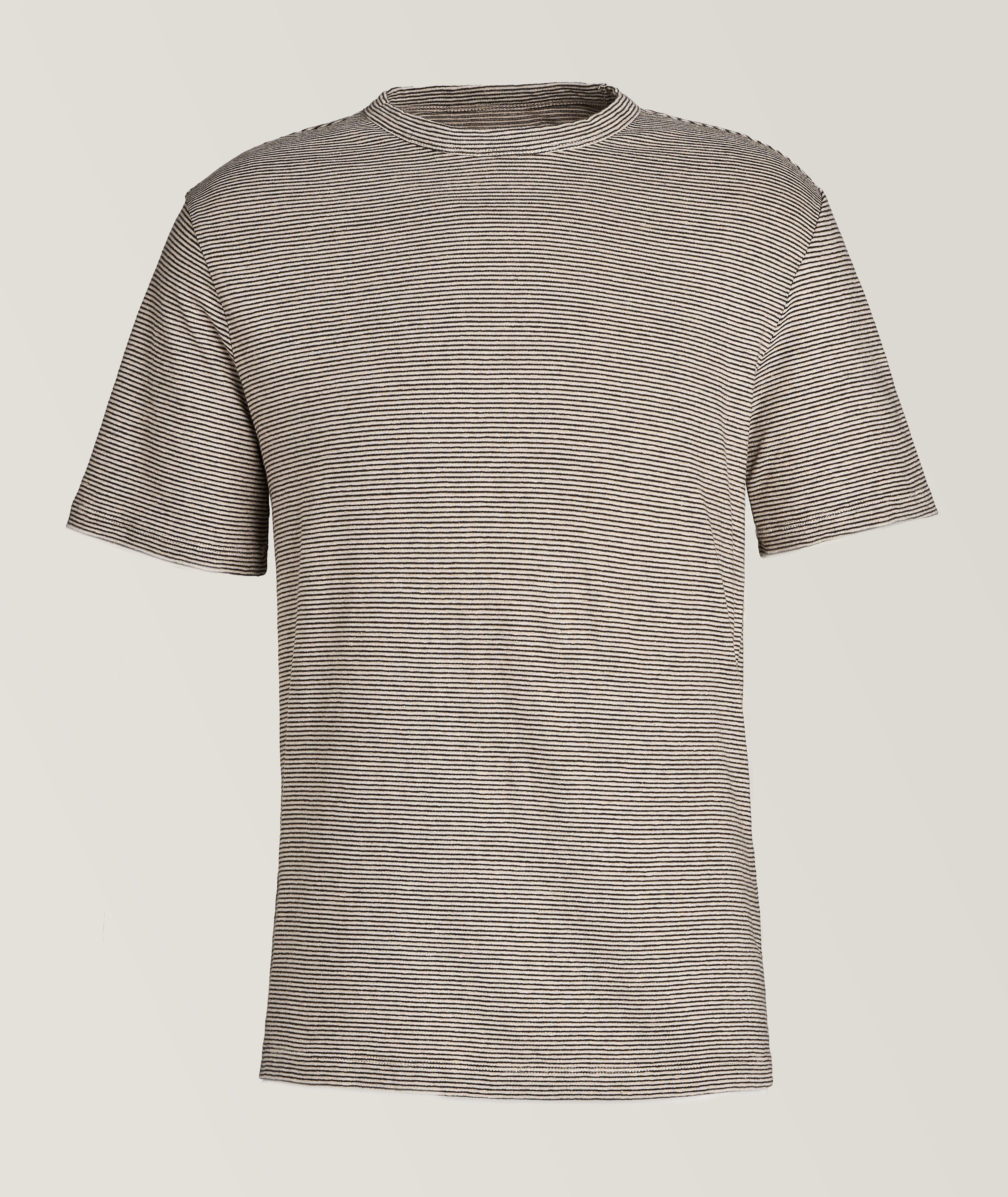 Officine Générale Thin Vertical Striped Cotton-Linen T-Shirt In Brown , Men's Size Medium