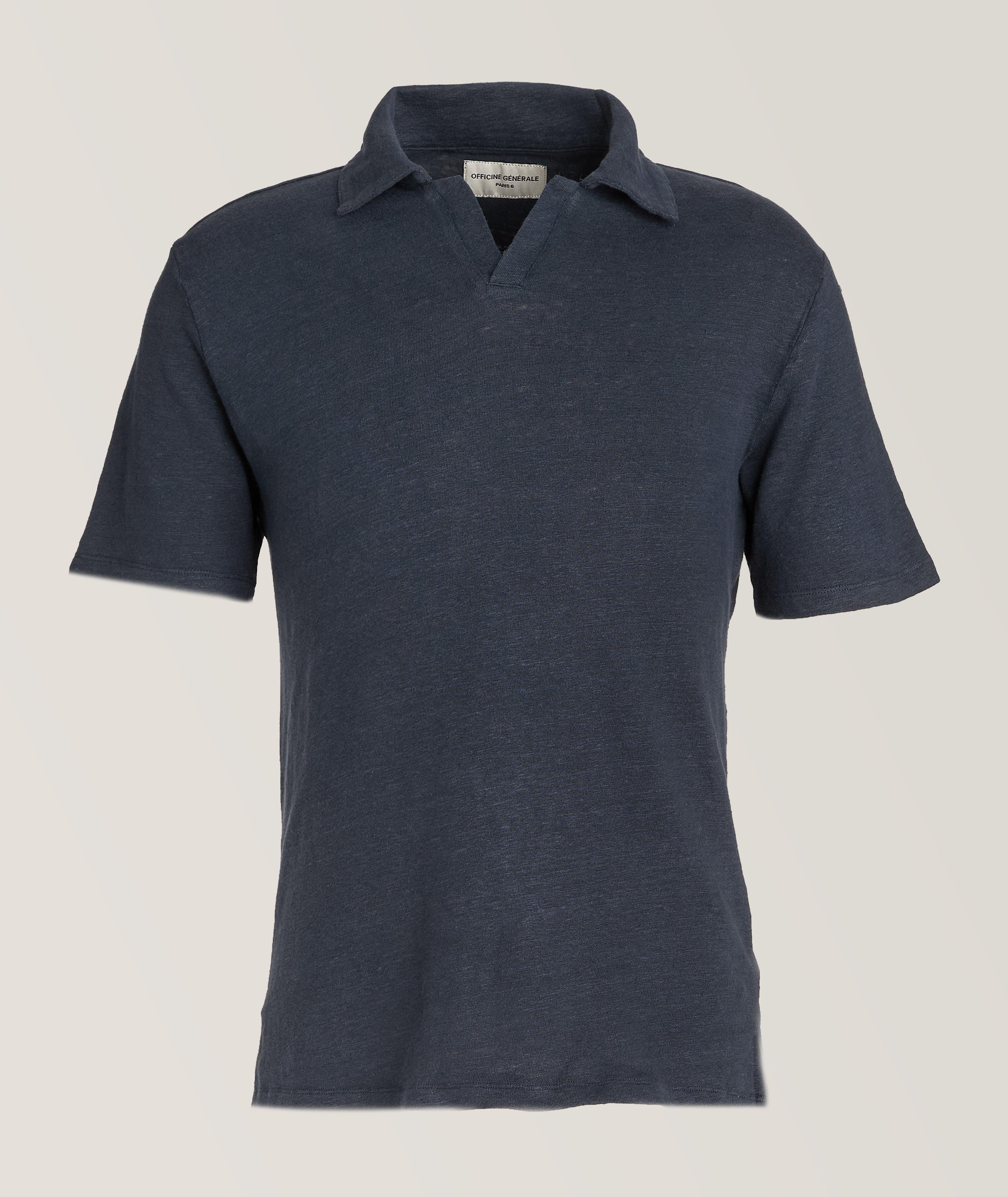 Officine Générale Simon Piece Dyed Stretch-Linen Polo In Blue , Men's Size XL