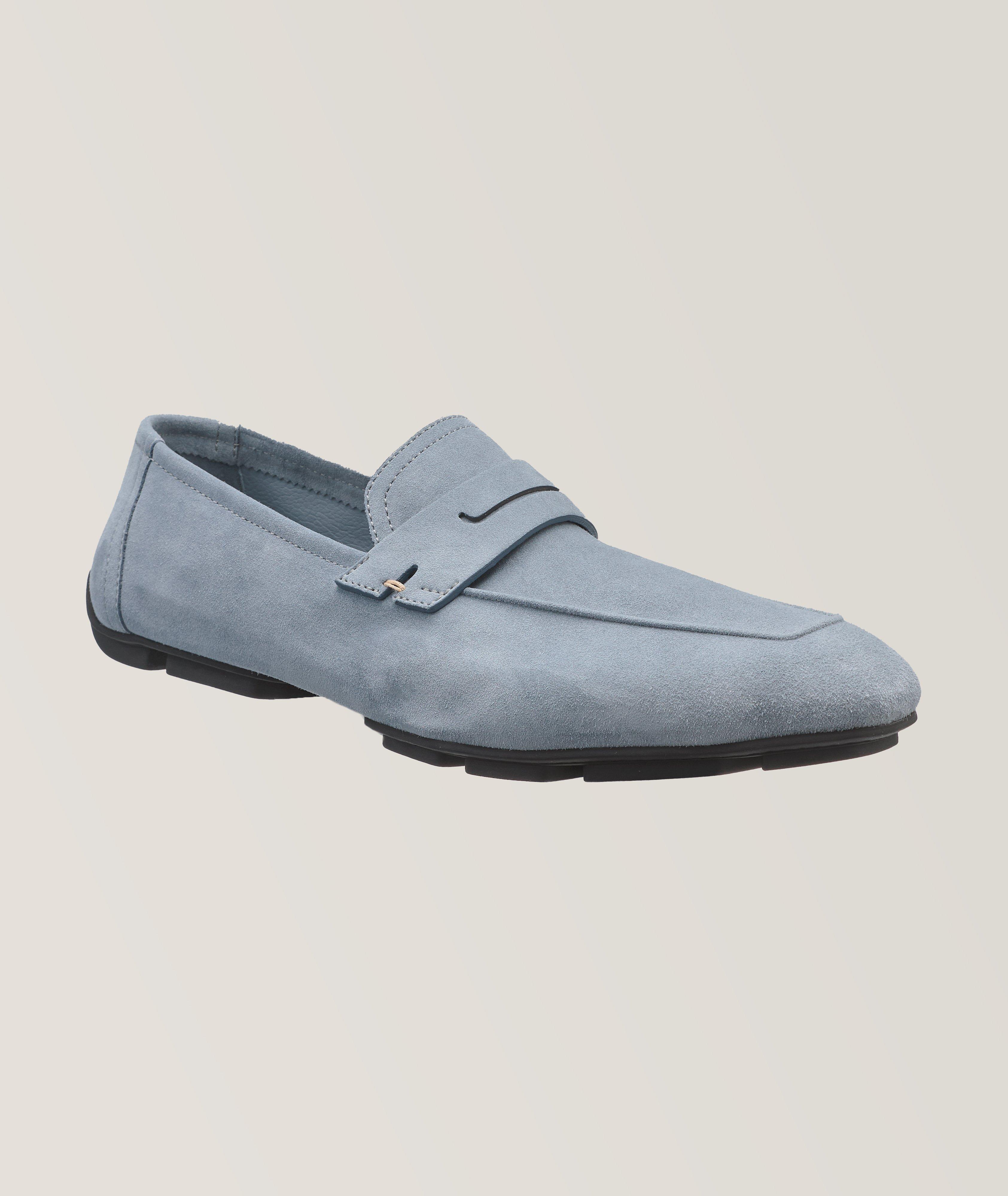 Berluti Flâneur Lorenzo En Suède À Motif Scritto En Bleu , Taille Homme 10.5