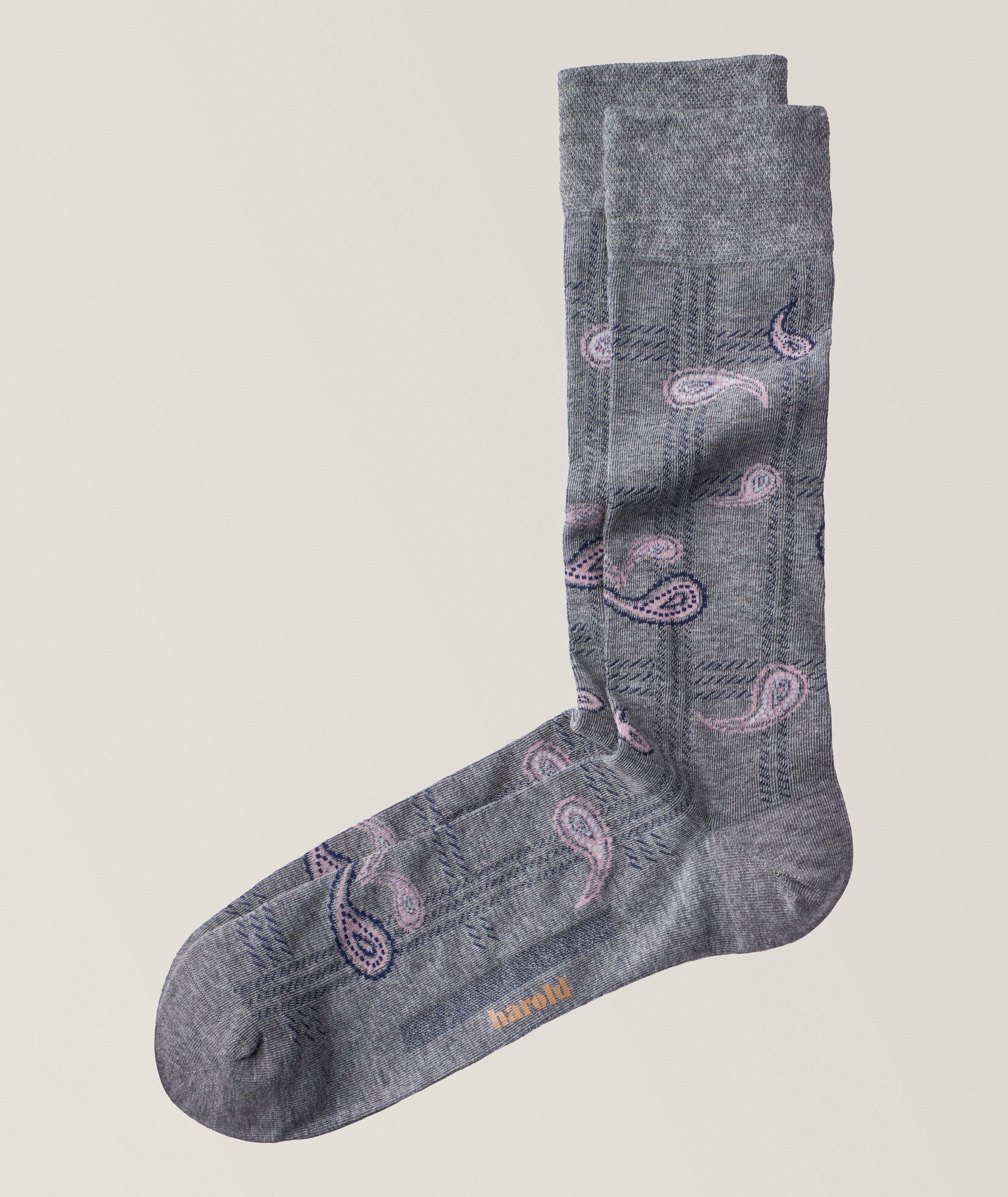 Paisley Plaid Mercerized Cotton Ribbed Dress Socks