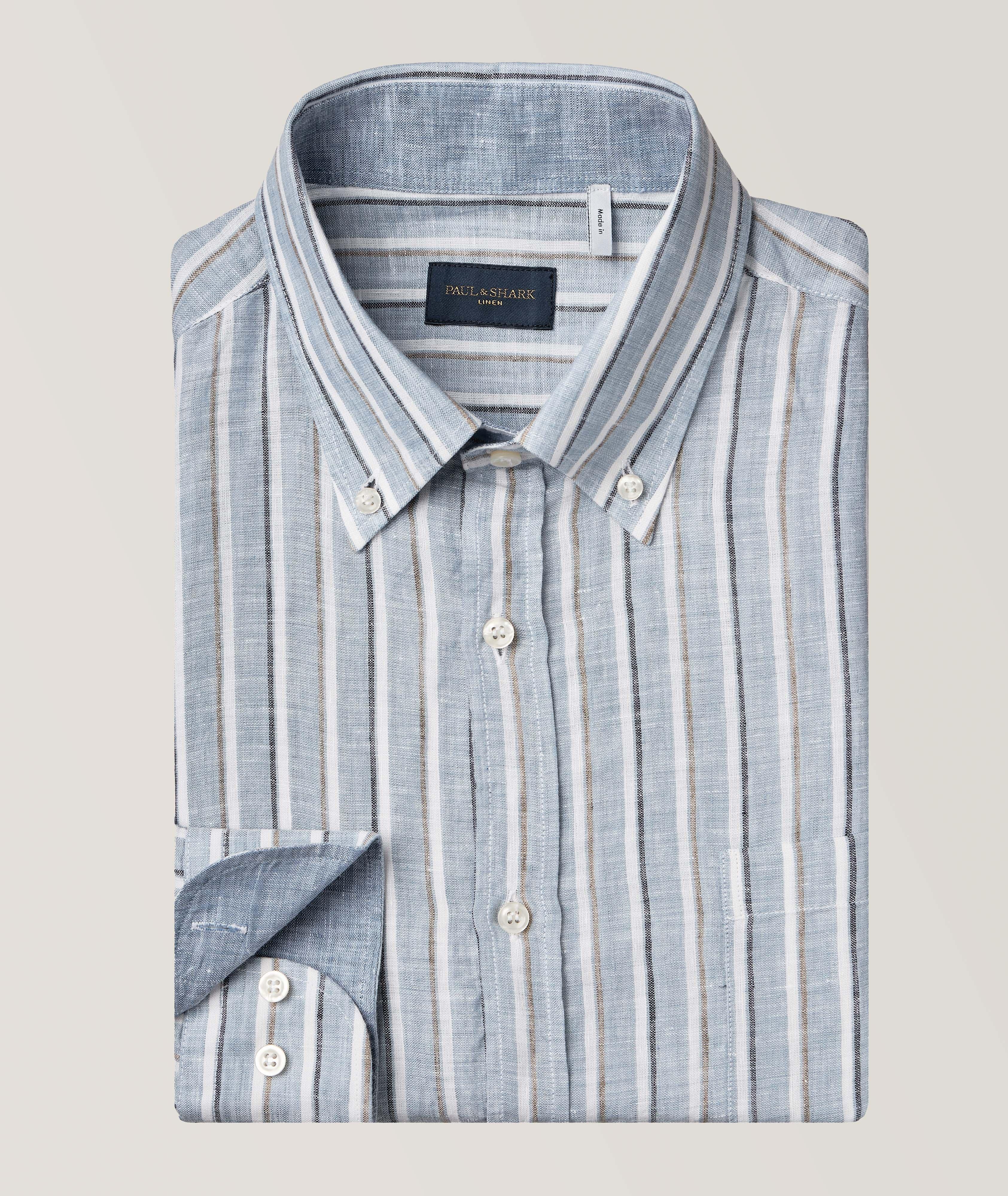 Paul & Shark Striped Button-Down Collar Linen Sport Shirt In Blue , Men's Size 46