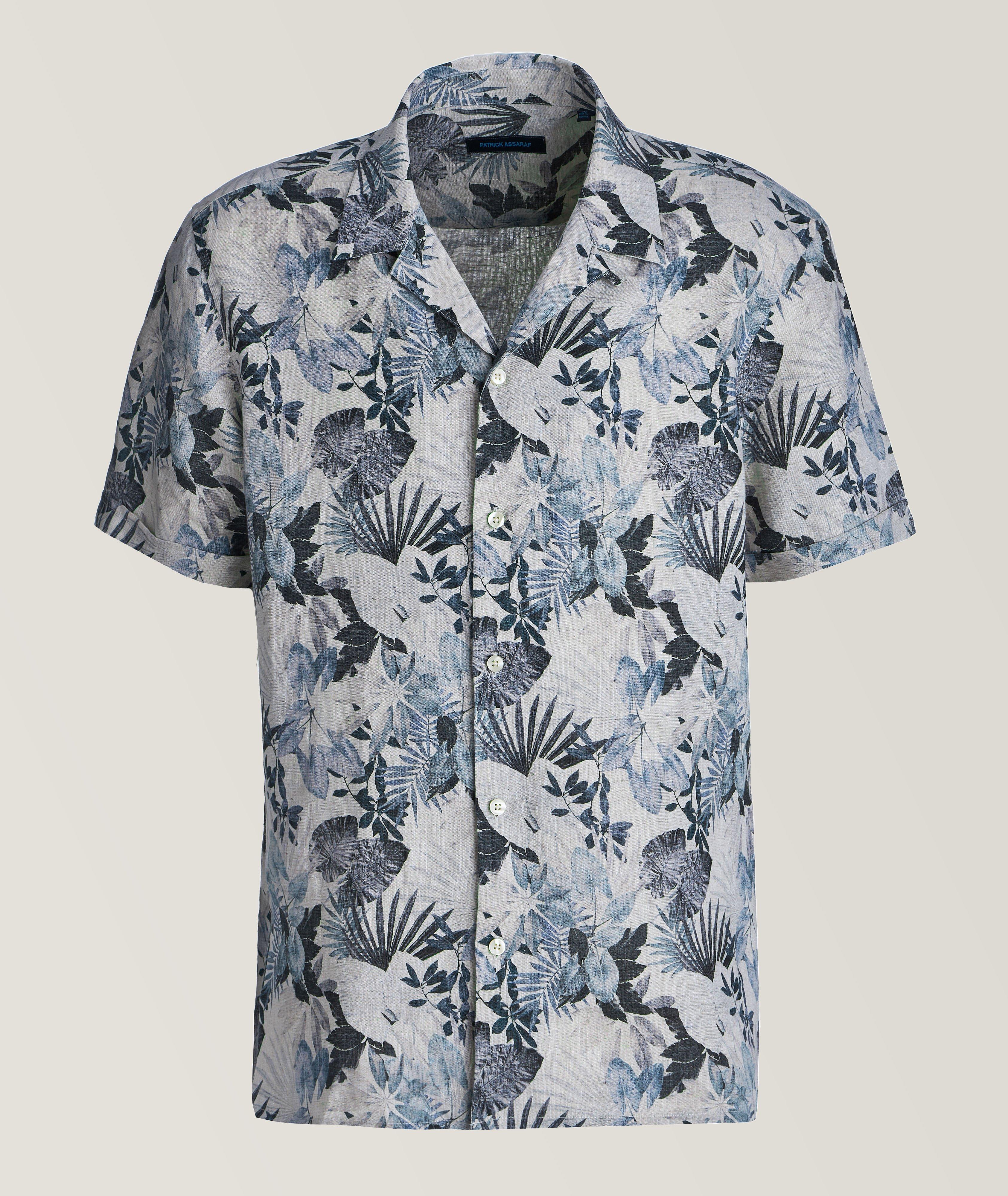 Patrick Assaraf Chemise En Lin À Col Cubain Et À Motif Floral En Bleu , Taille Homme TG