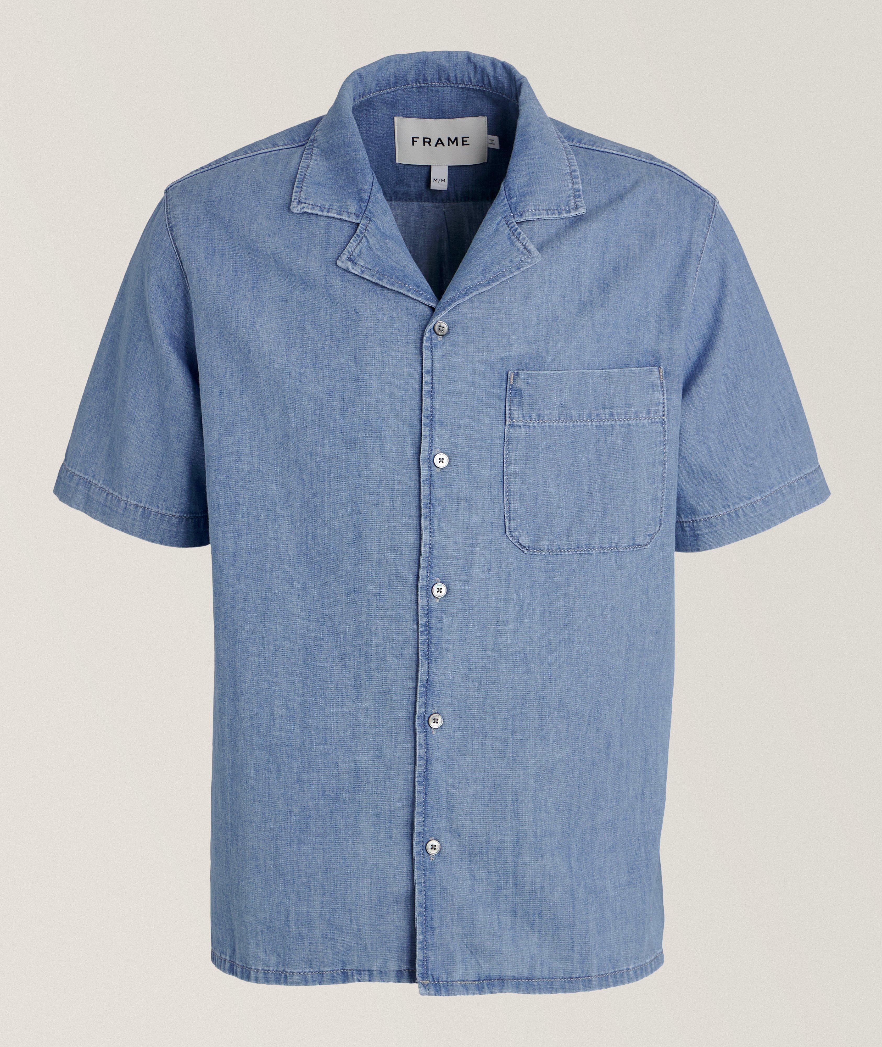 Frame Chambray Camp Collar Shirt In Blue , Men's Size Large Cotton