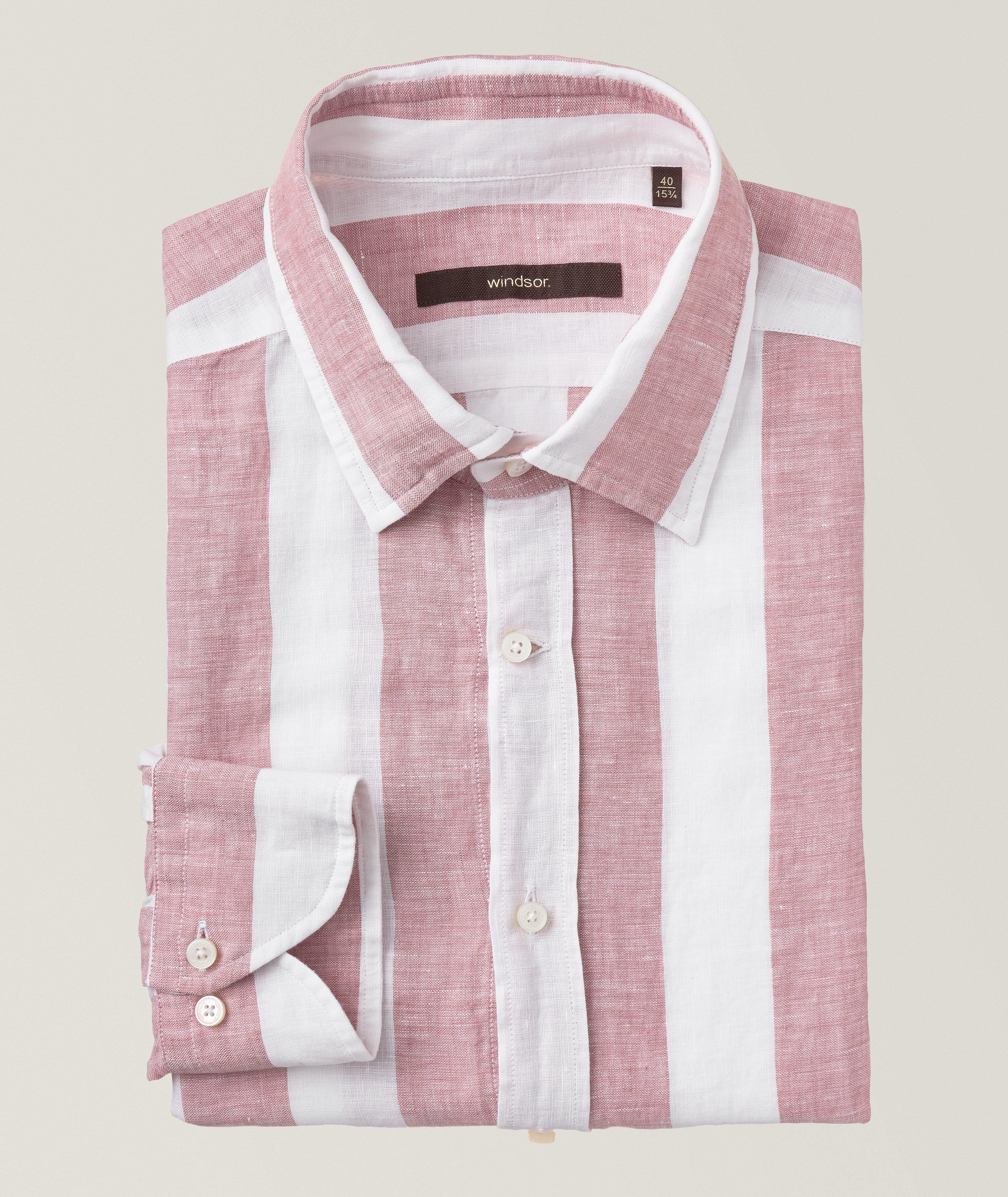 Windsor Vertical Stripe Linen Sport Shirt In Pink , Men's Size 39