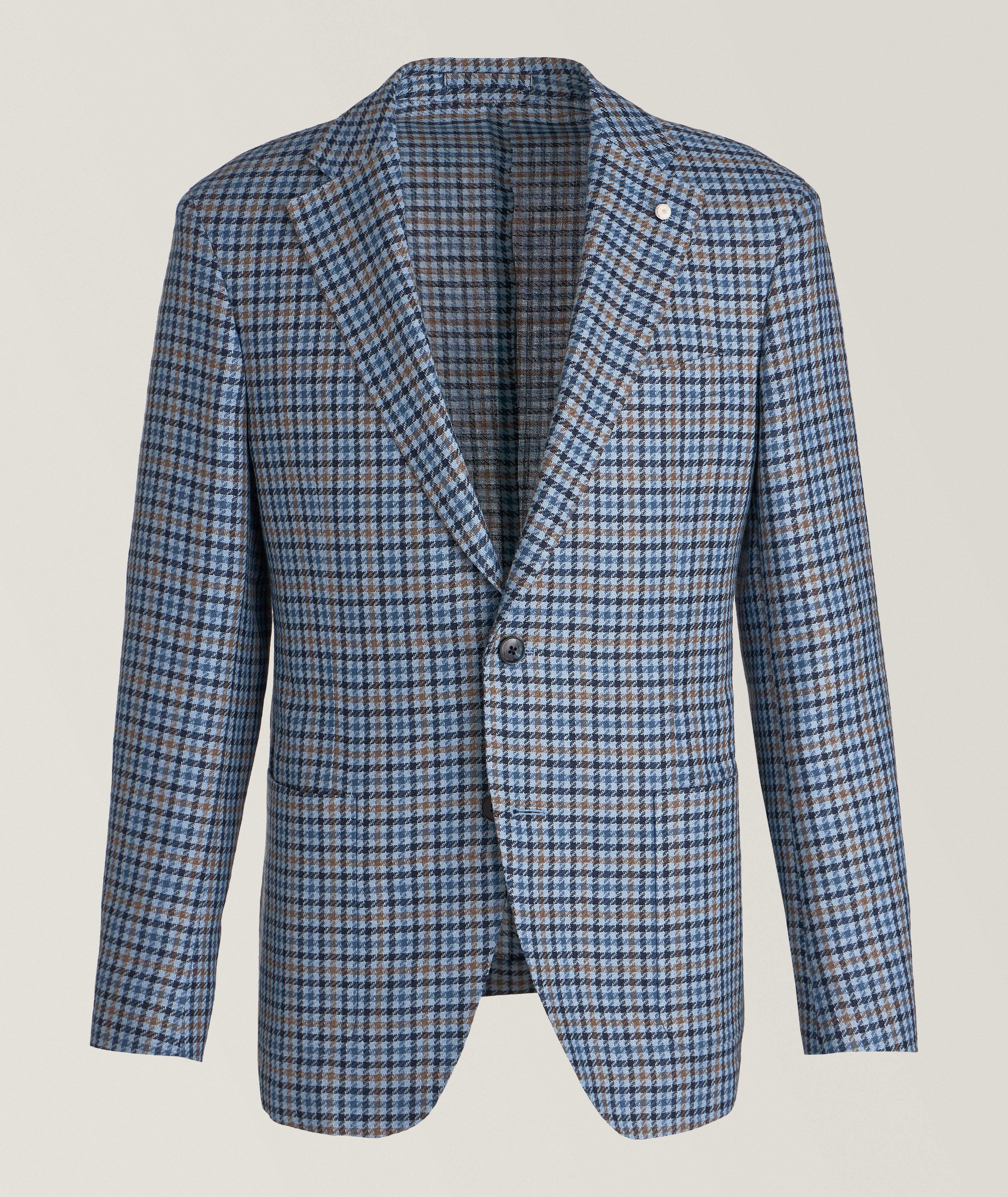 Luigi Bianchi Gingham Check Flax-Virgin Wool Sport Jacket In Blue , Men's Size 48