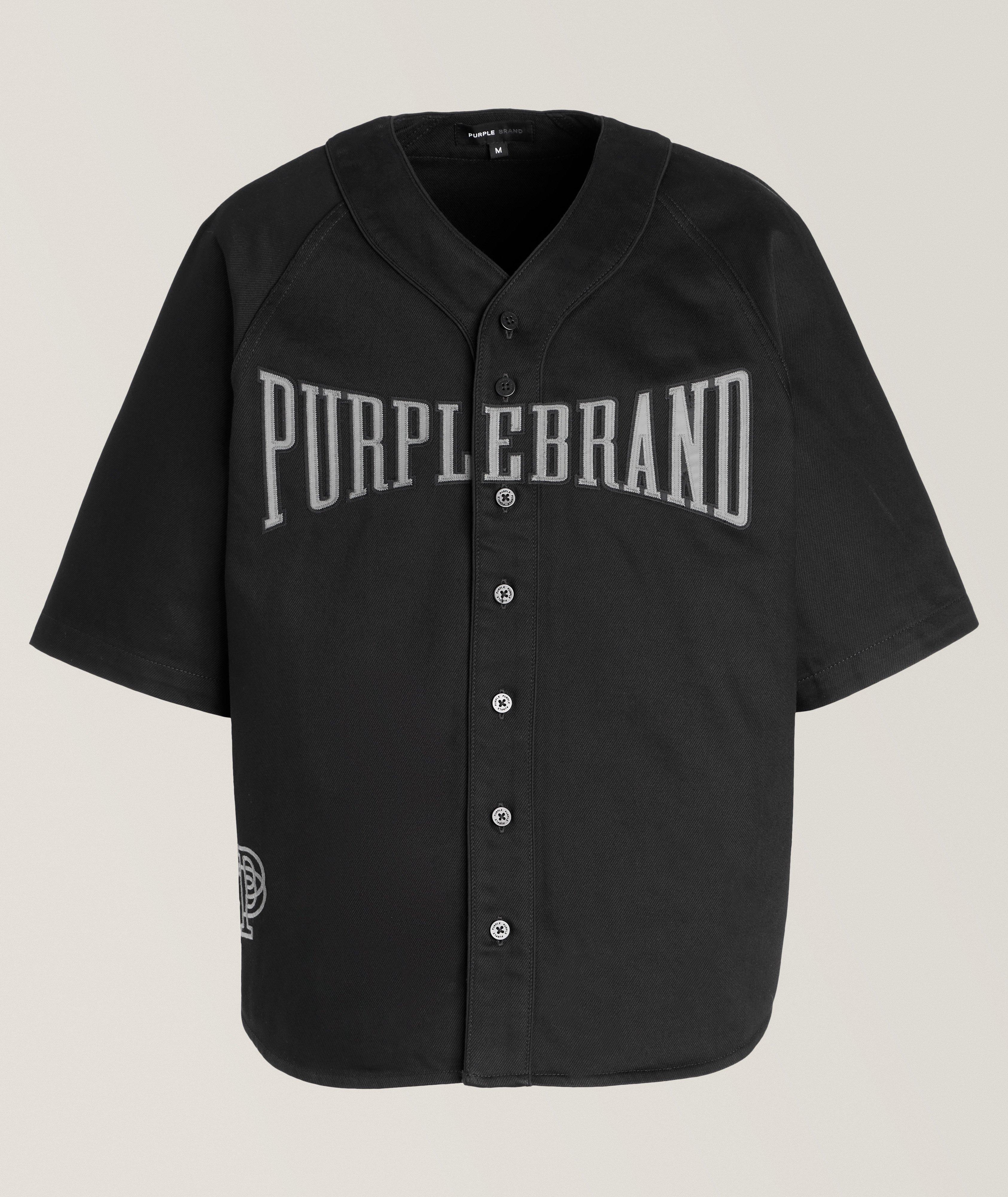 Purple Brand Logo Lettering Sport Shirt In Black , Men's Size XL