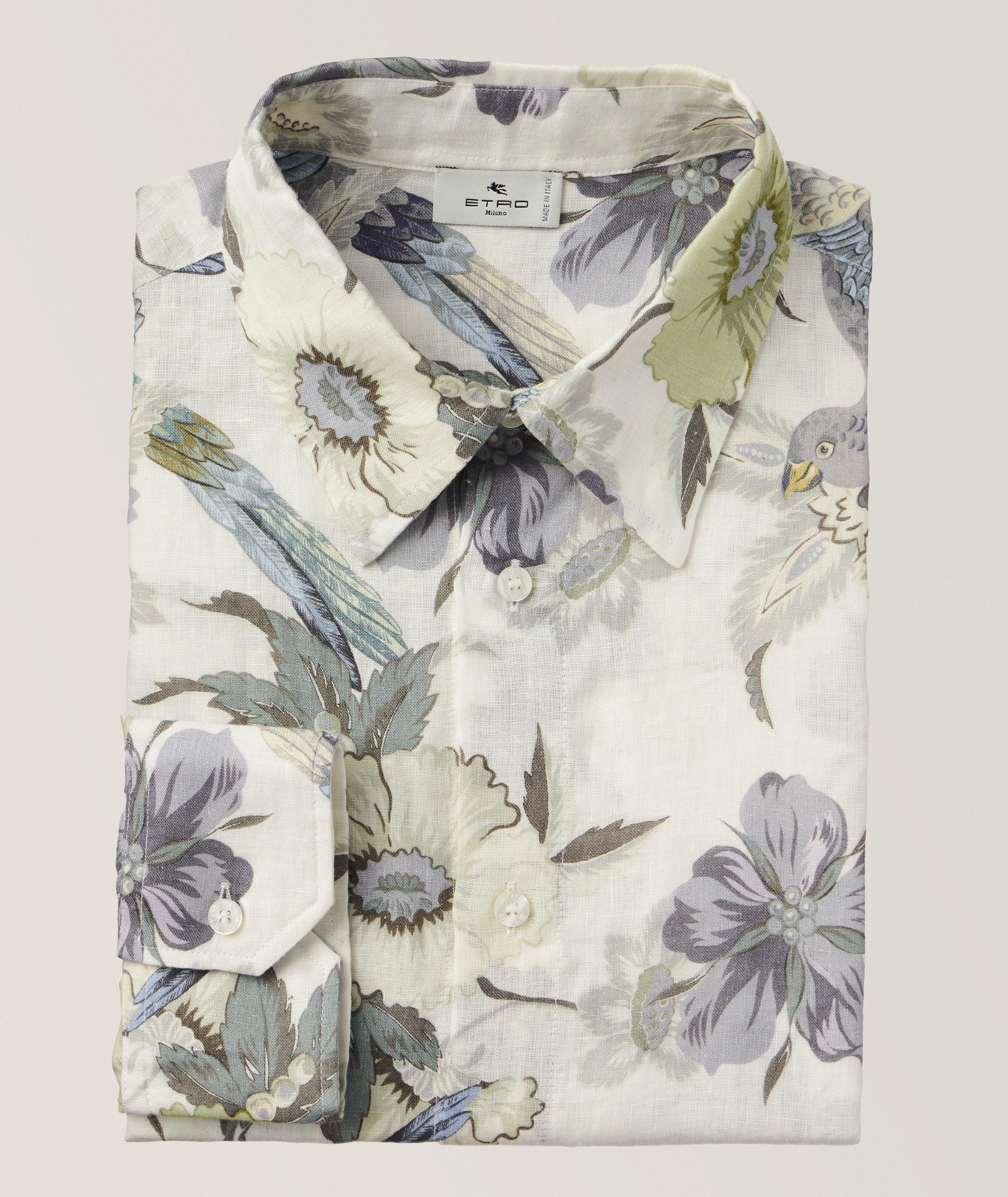 Etro Chemise Décontractée En Coton À Motif De Fleurs Et D’Oiseaux En Blanc , Taille Homme 17