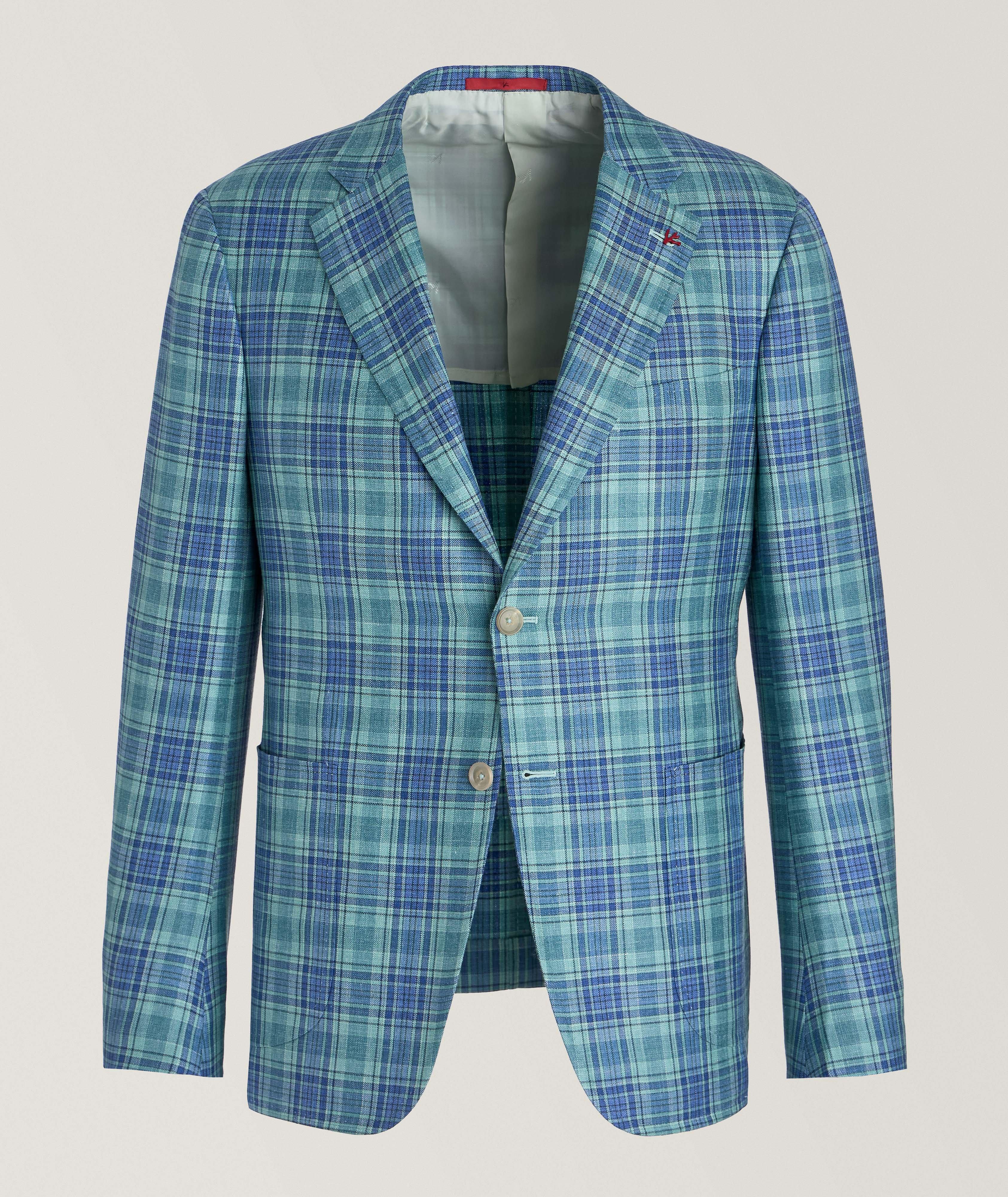 Isaia Capri Plaid Wool, Silk & Linen Sport Jacket In Green , Men's Size 52