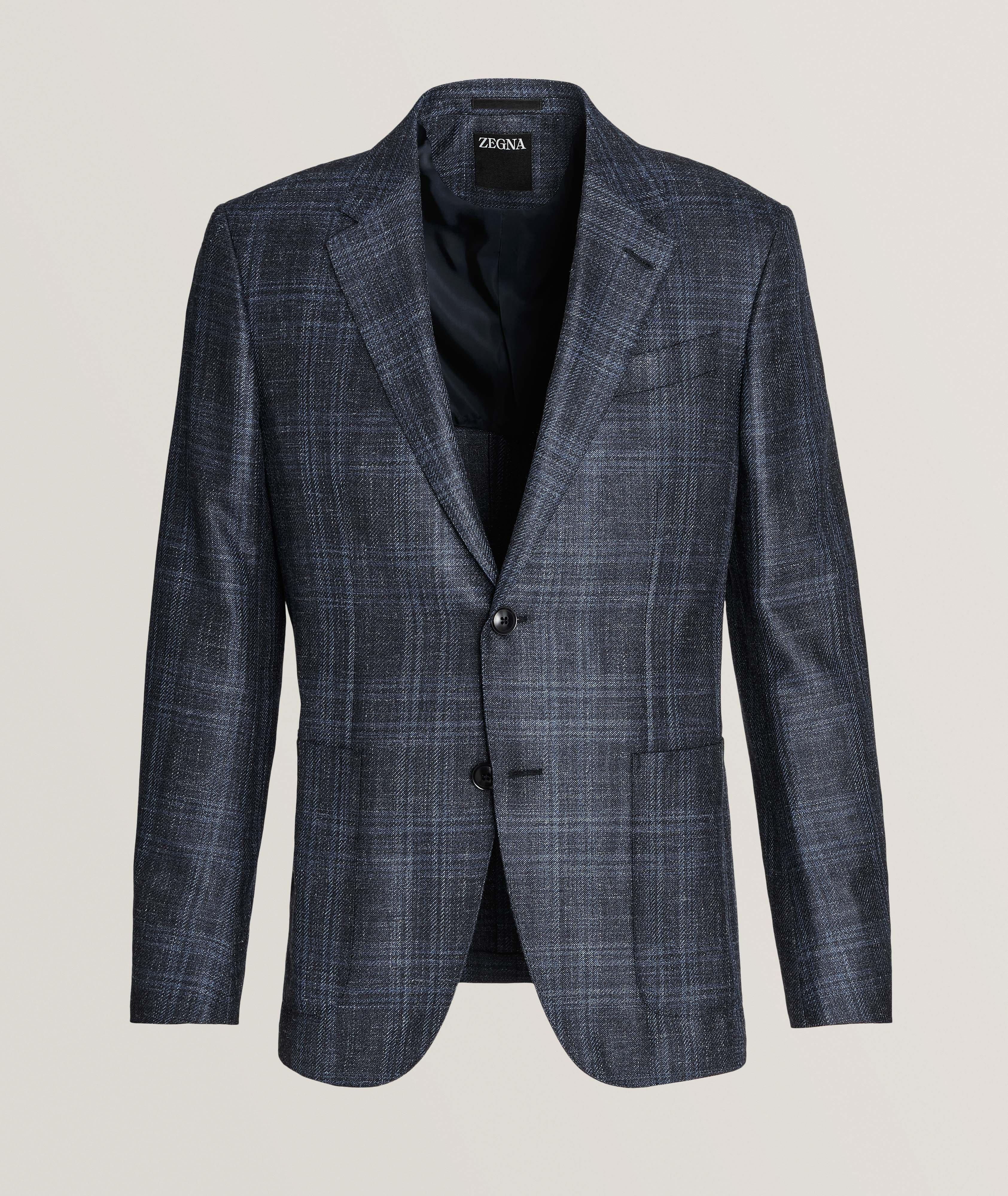 Zegna Veston En Laine, En Soie Et En Lin À Carreaux En Bleu , Taille Homme 54