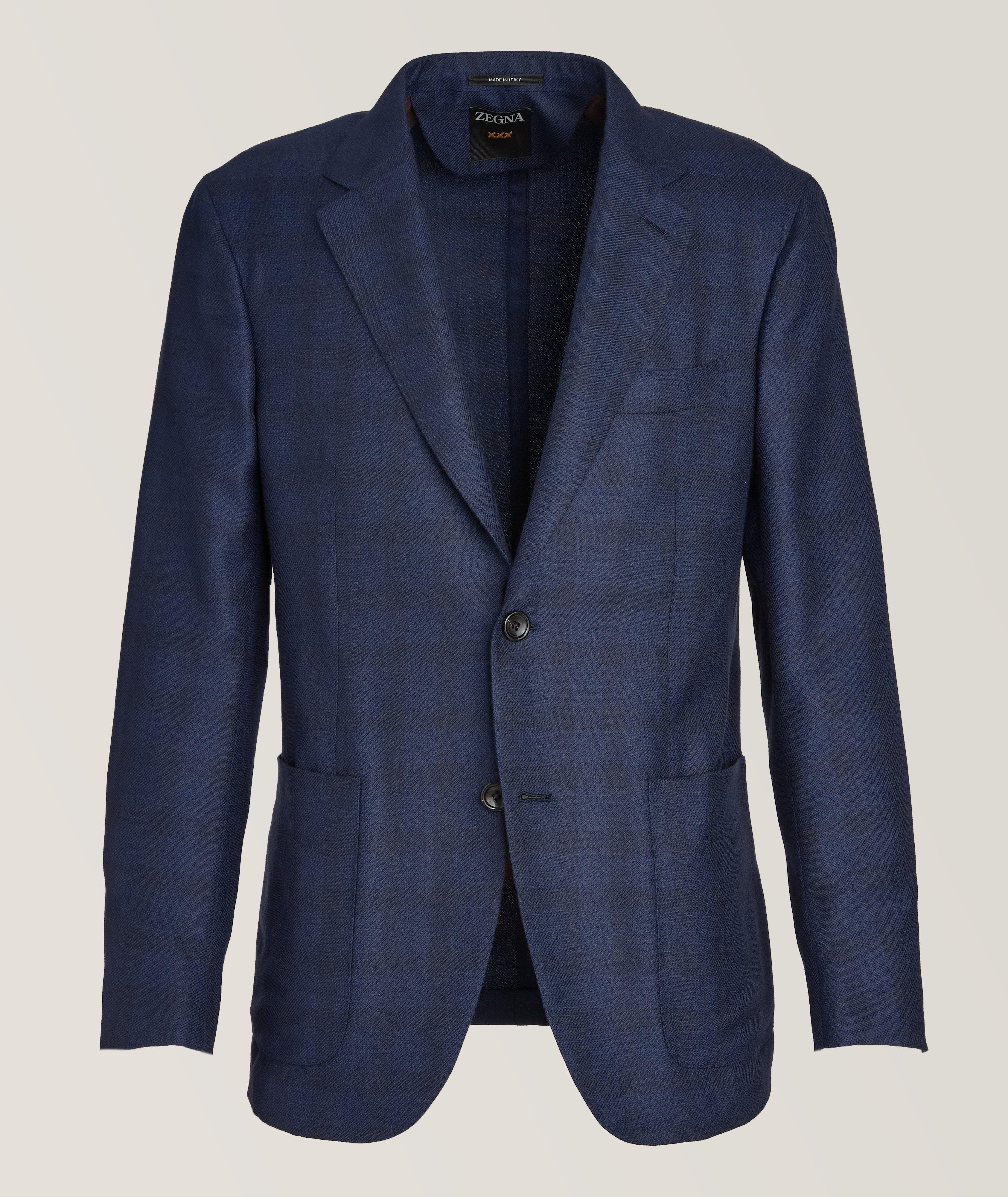 Zegna Atelier Tonal Plaid Cashmere-Silk Sport Jacket In Blue , Men's Size 40