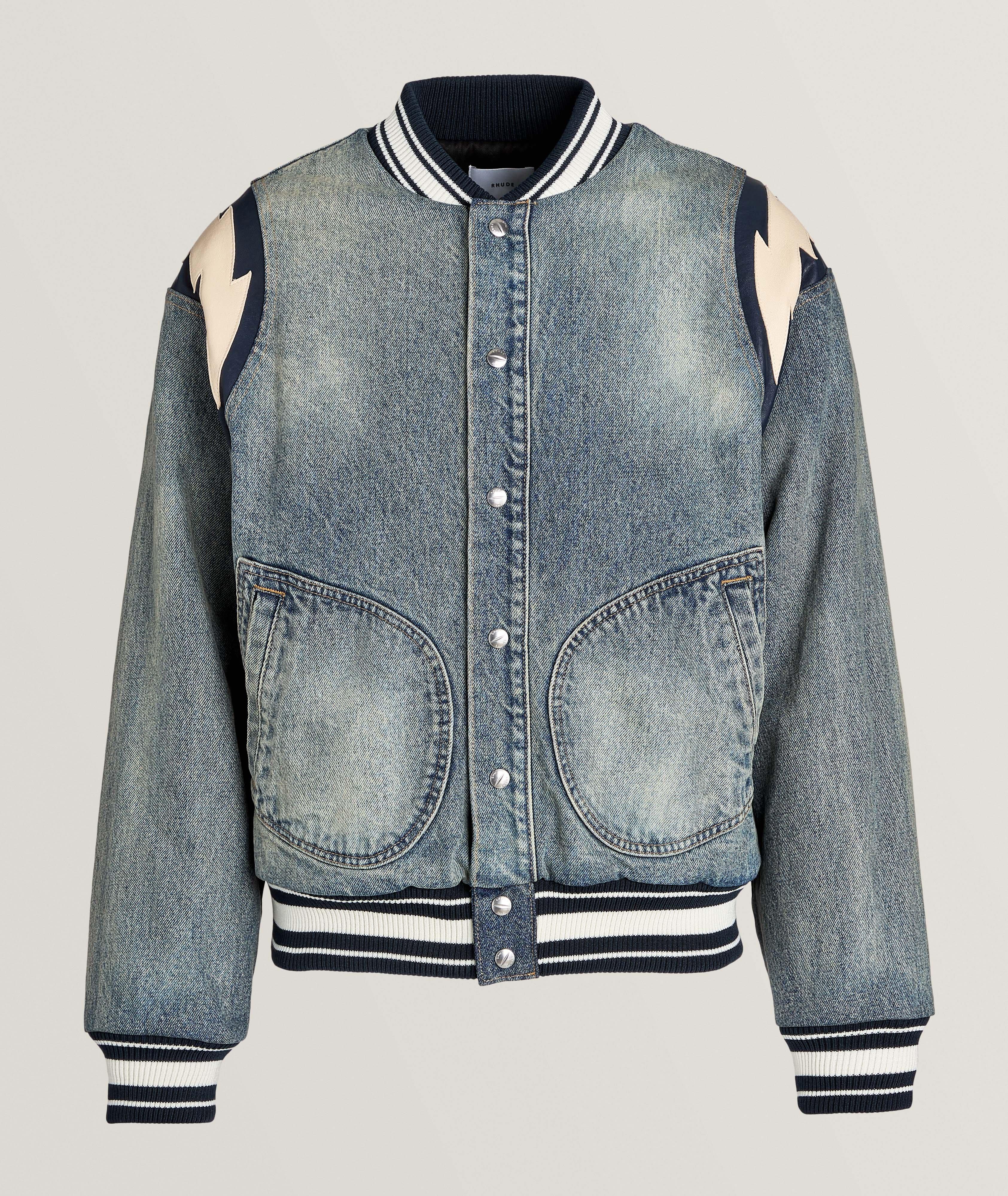 Rhude Varsity Bolt Denim Jacket In Blue , Men's Size Large