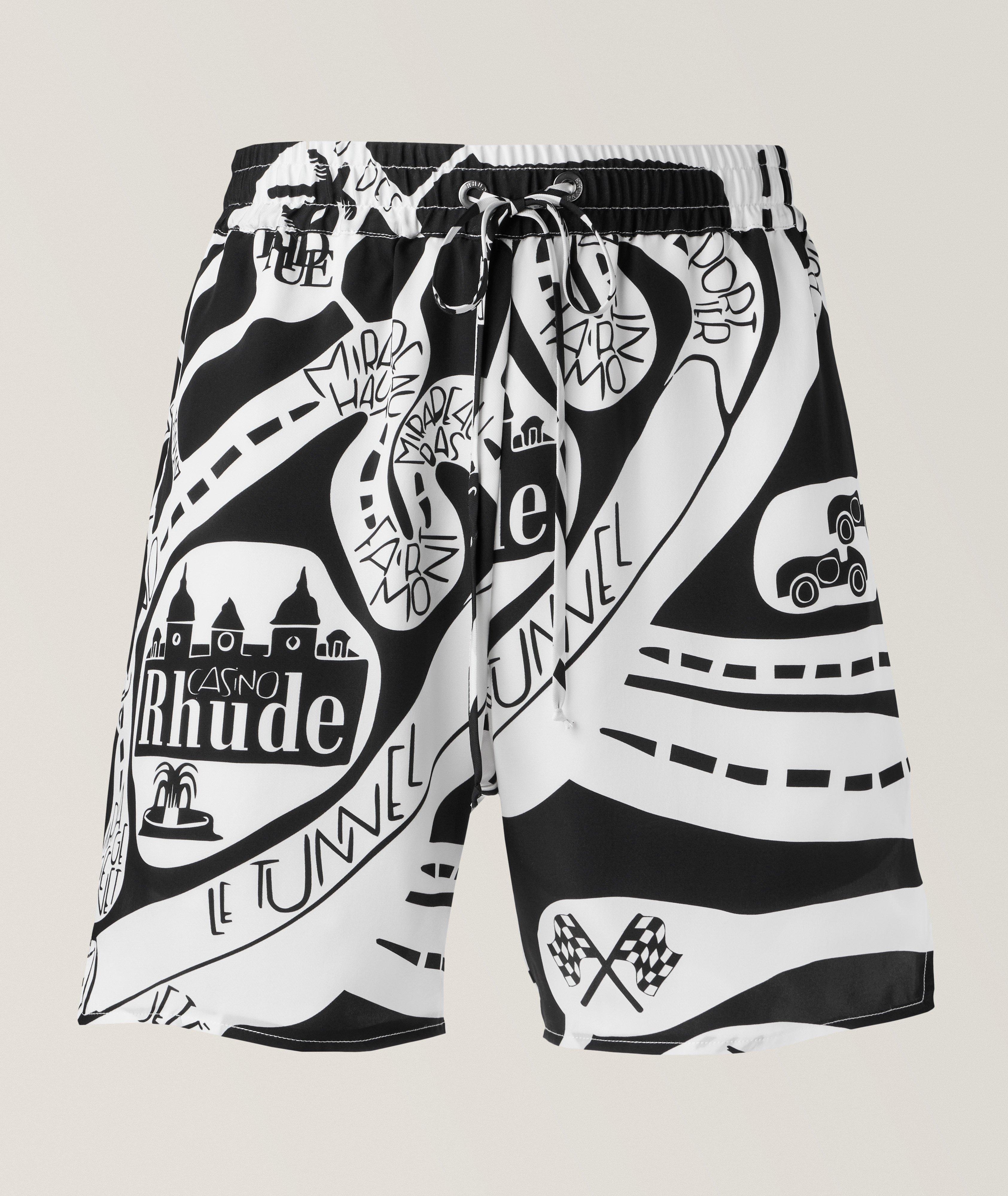 Rhude Strada Road Map Print Silk Twill Shorts In Black , Men's Size Small