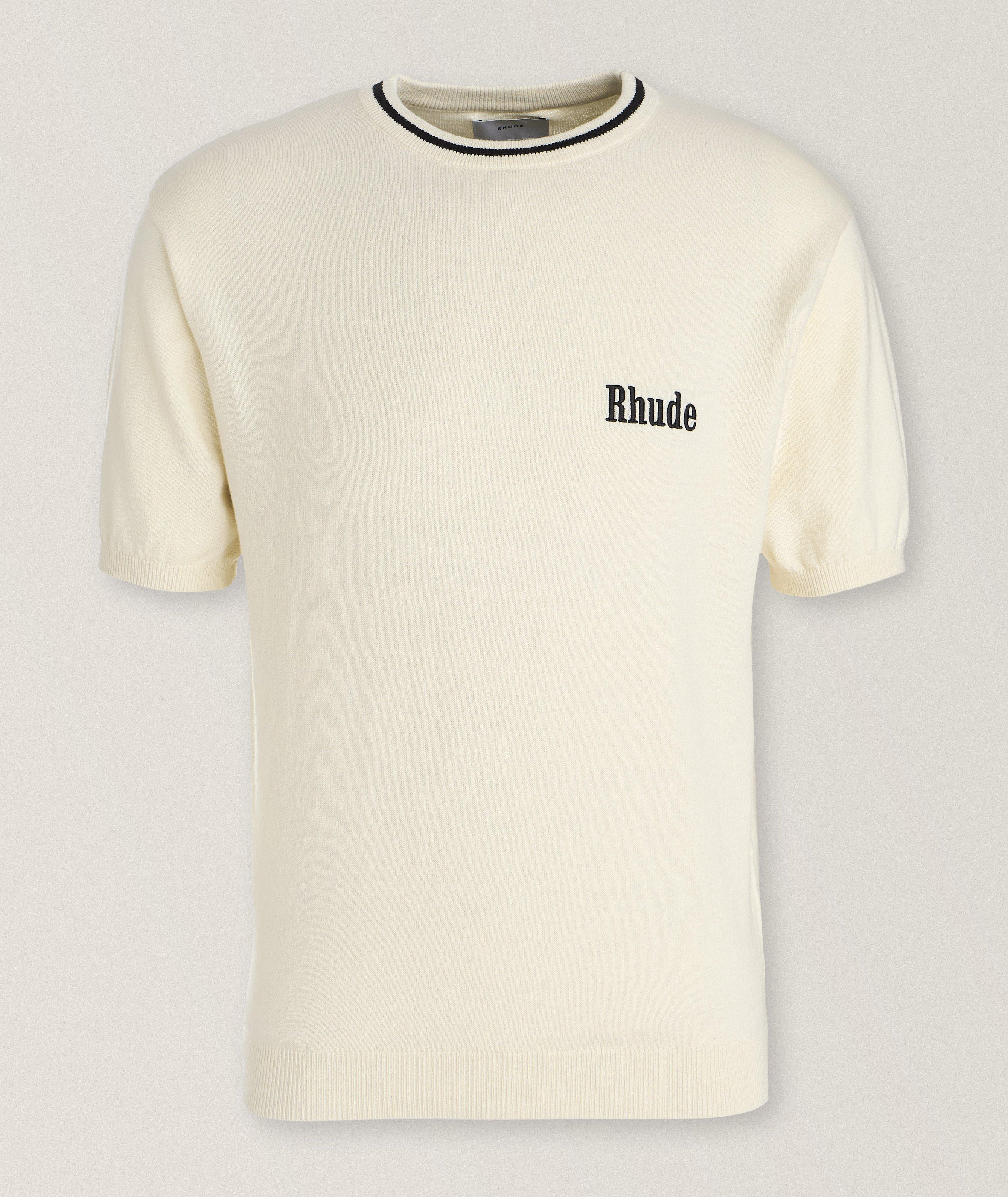 Rhude Contrast Tipped Embroidered Logo Cotton-Cashmere Knit T-Shirt In Beige , Men's Size Medium