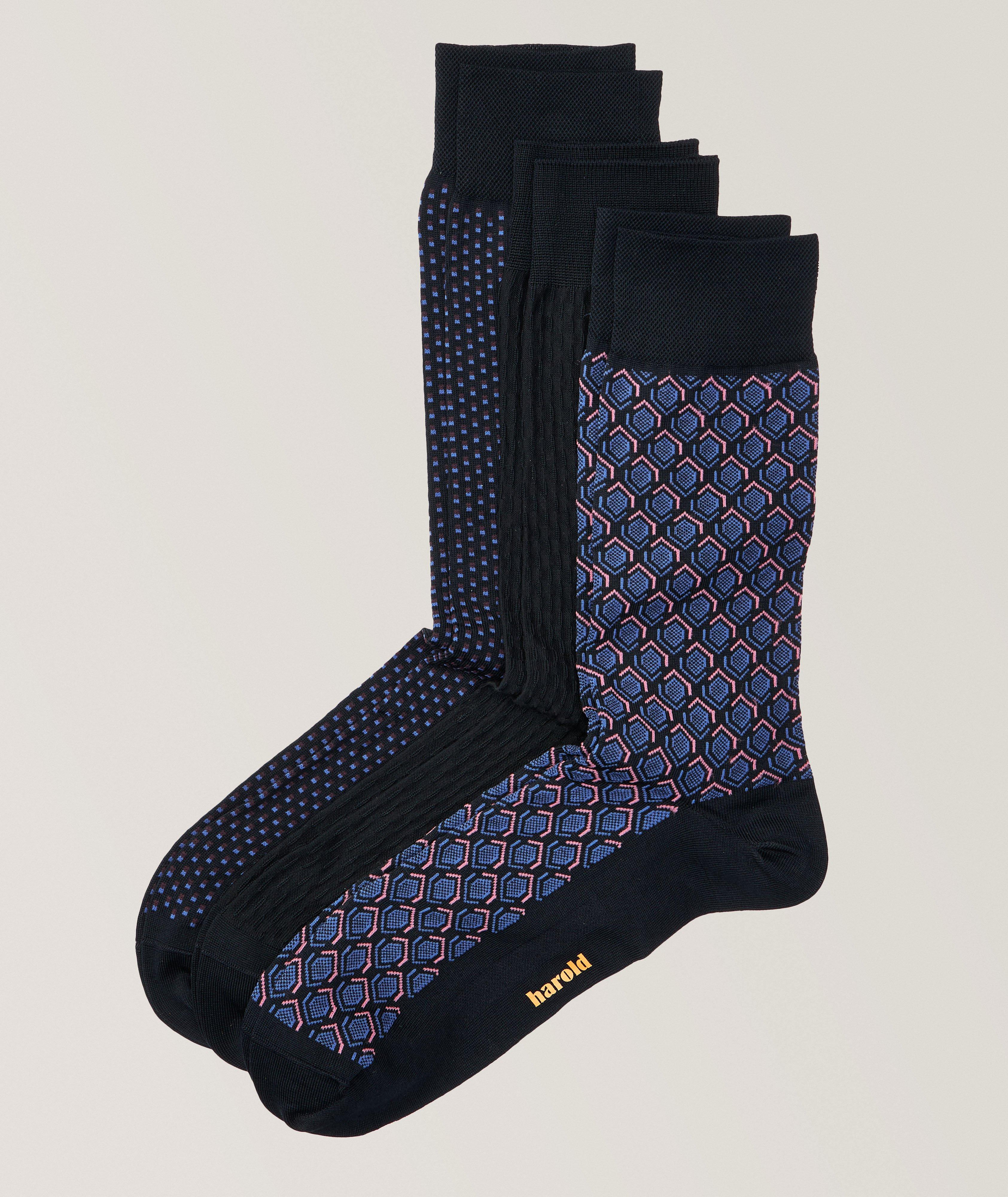 Harold De Harry Rosen Ensemble-Cadeau, Trois Paires De Chaussettes En Coton Extensible En Bleu