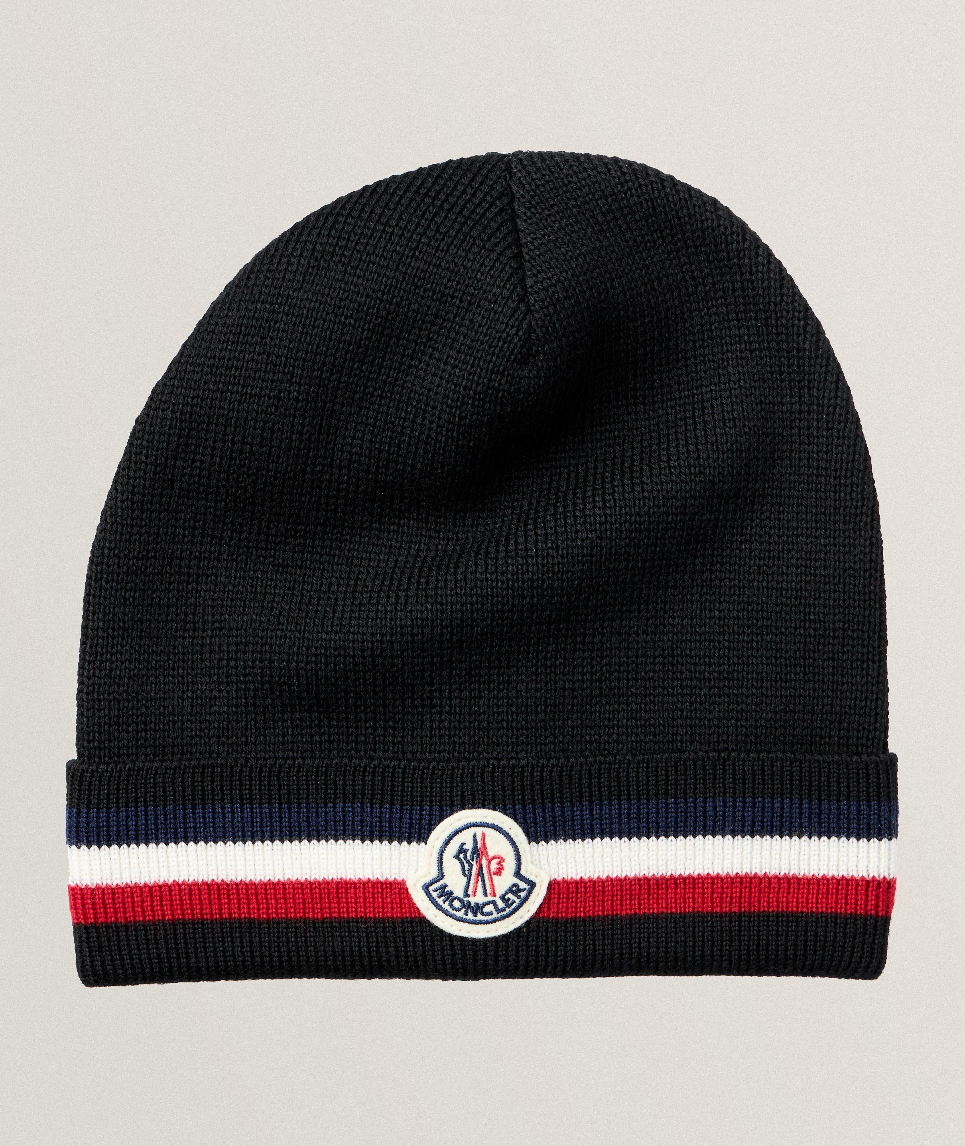 Moncler Tuque En Laine Vierge Avec Logo Rayé En Noir