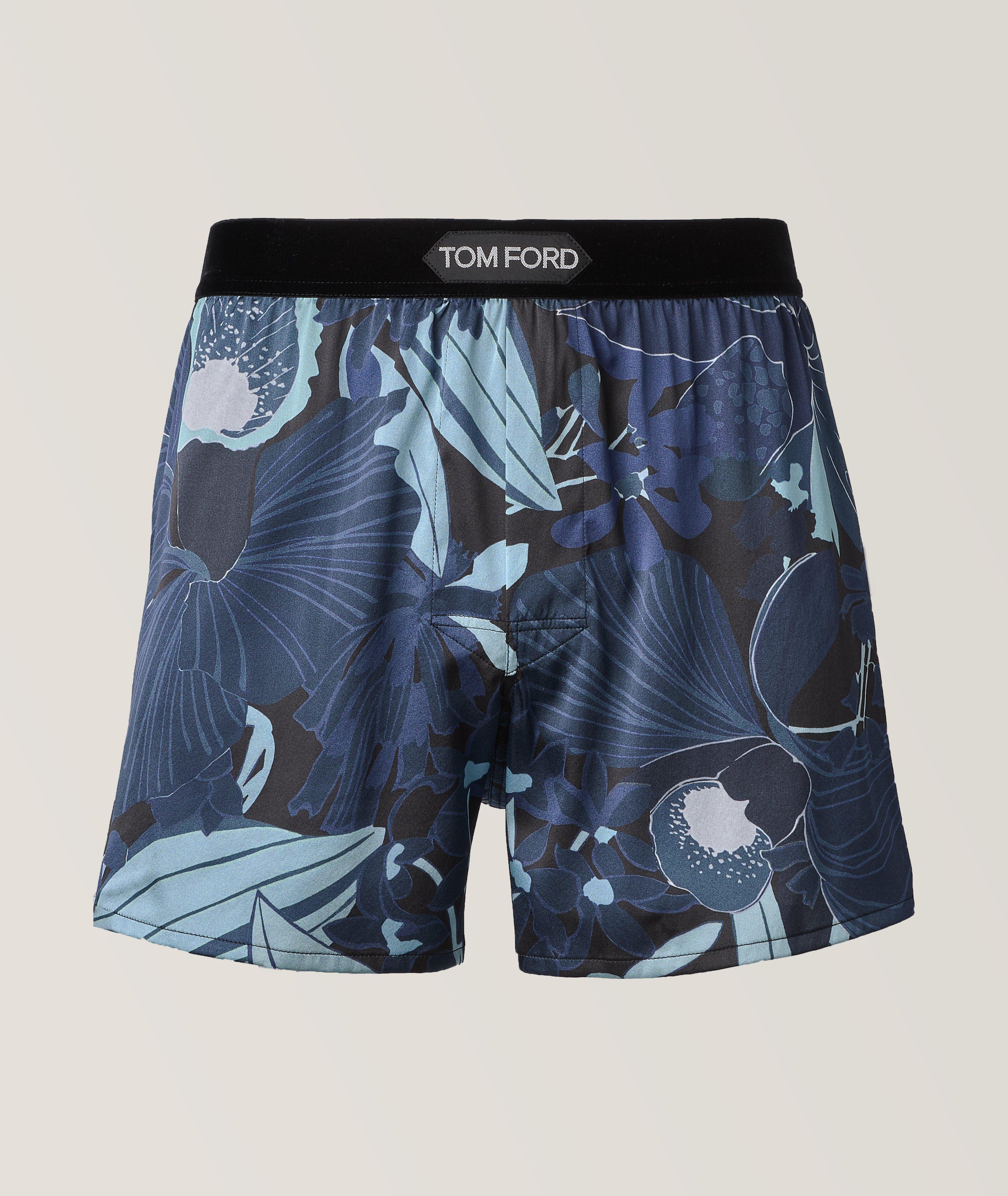 Tom Ford Boxeur Court En Soie Extensible À Motif D’Orchidées En Bleu , Taille Homme Petit