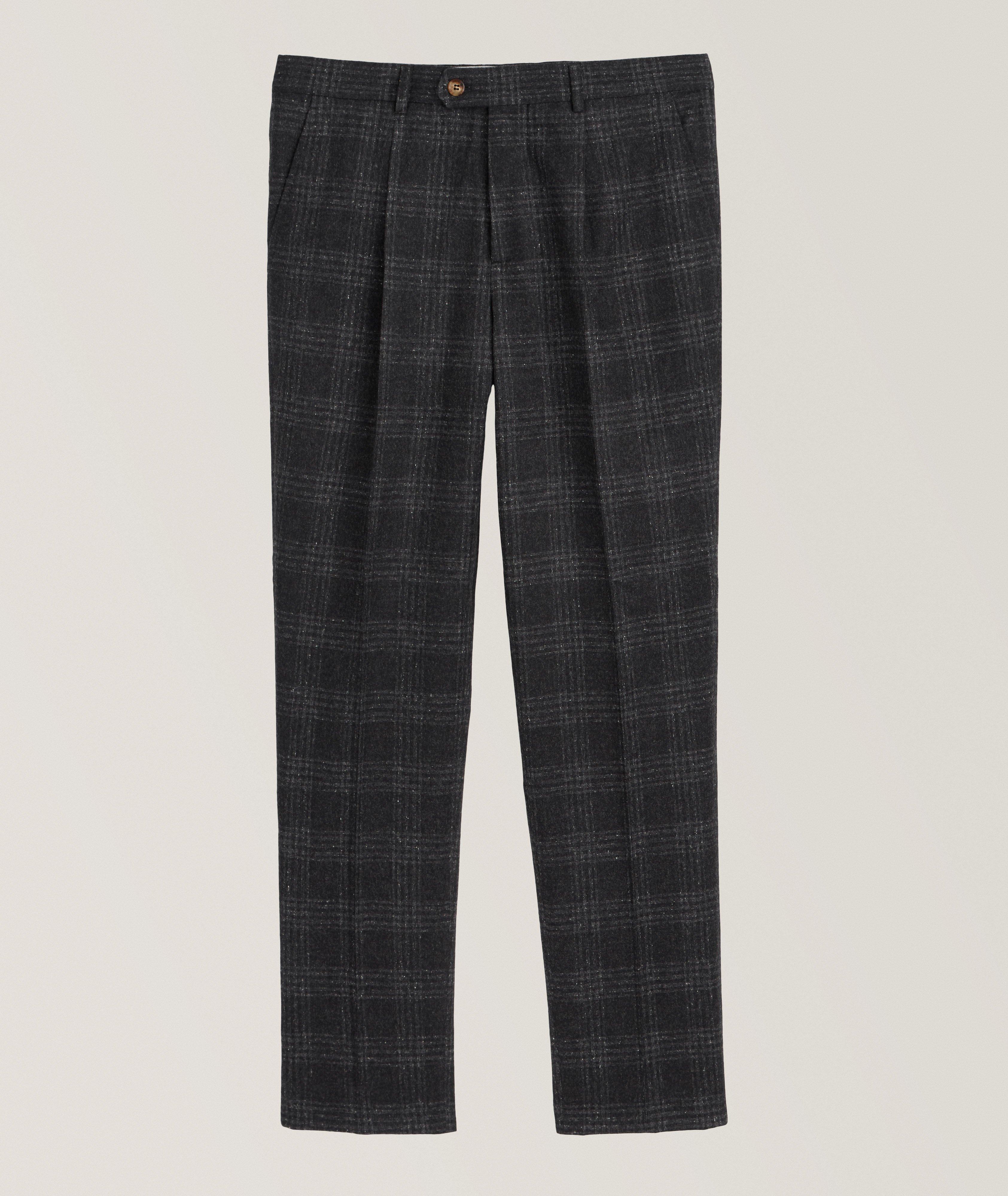 Brushed Plaid Wool-Blend Dress Pants