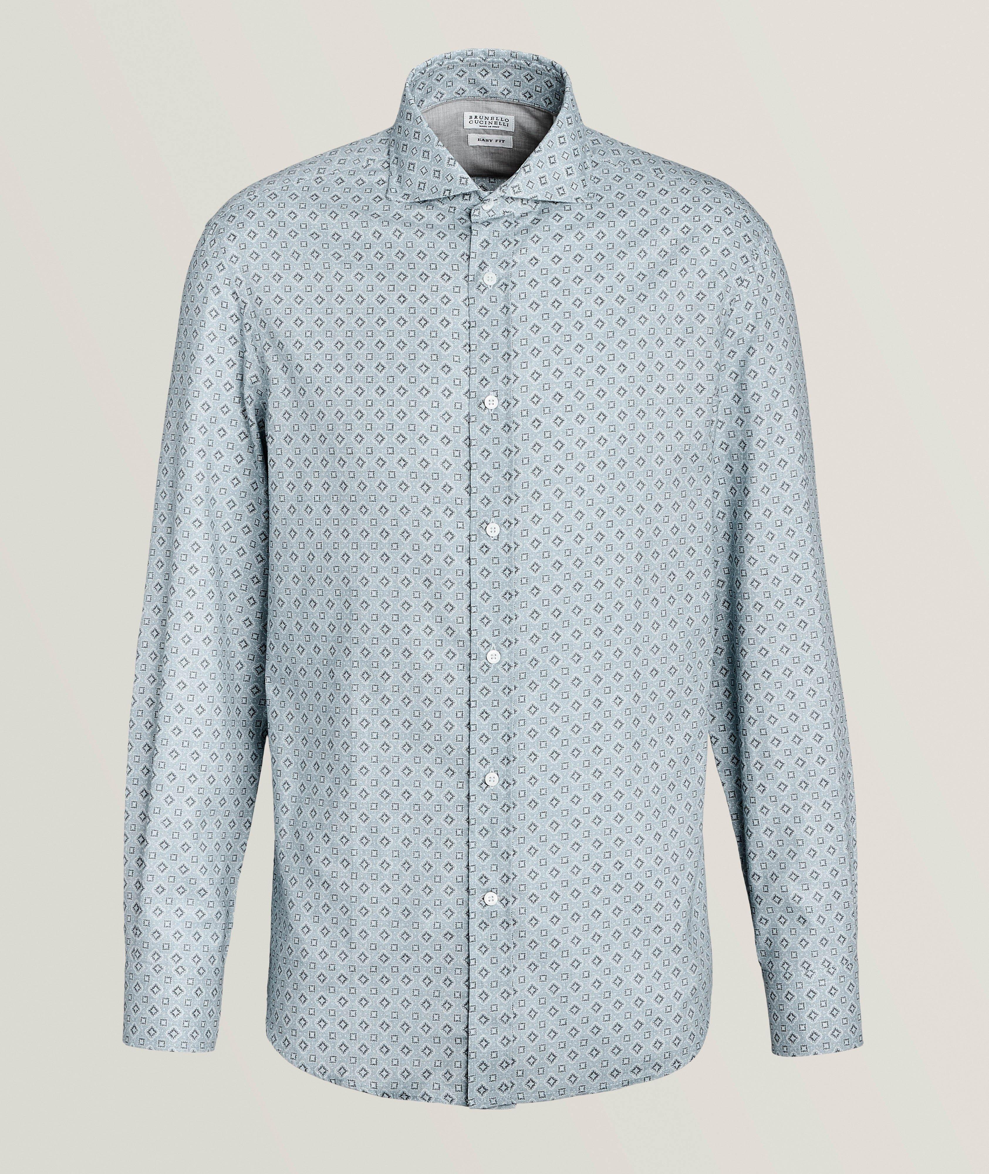 Brunello Cucinelli Chemise Décontractée En Coton À Motif Géométrique En Bleu , Taille Homme Grand