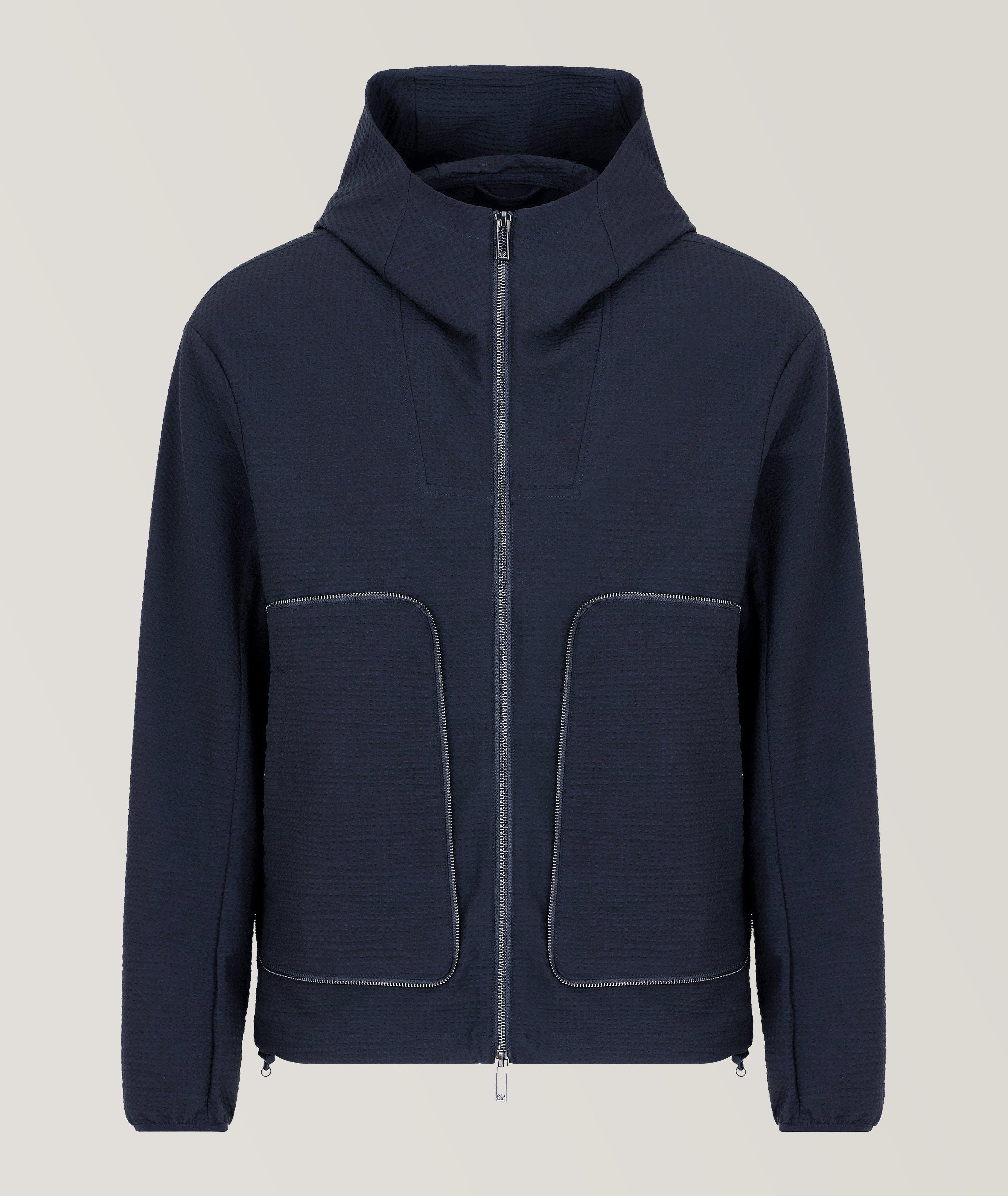 Emporio Armani Blouson En Toile Seersucker À Capuchon En Bleu , Taille Homme 50